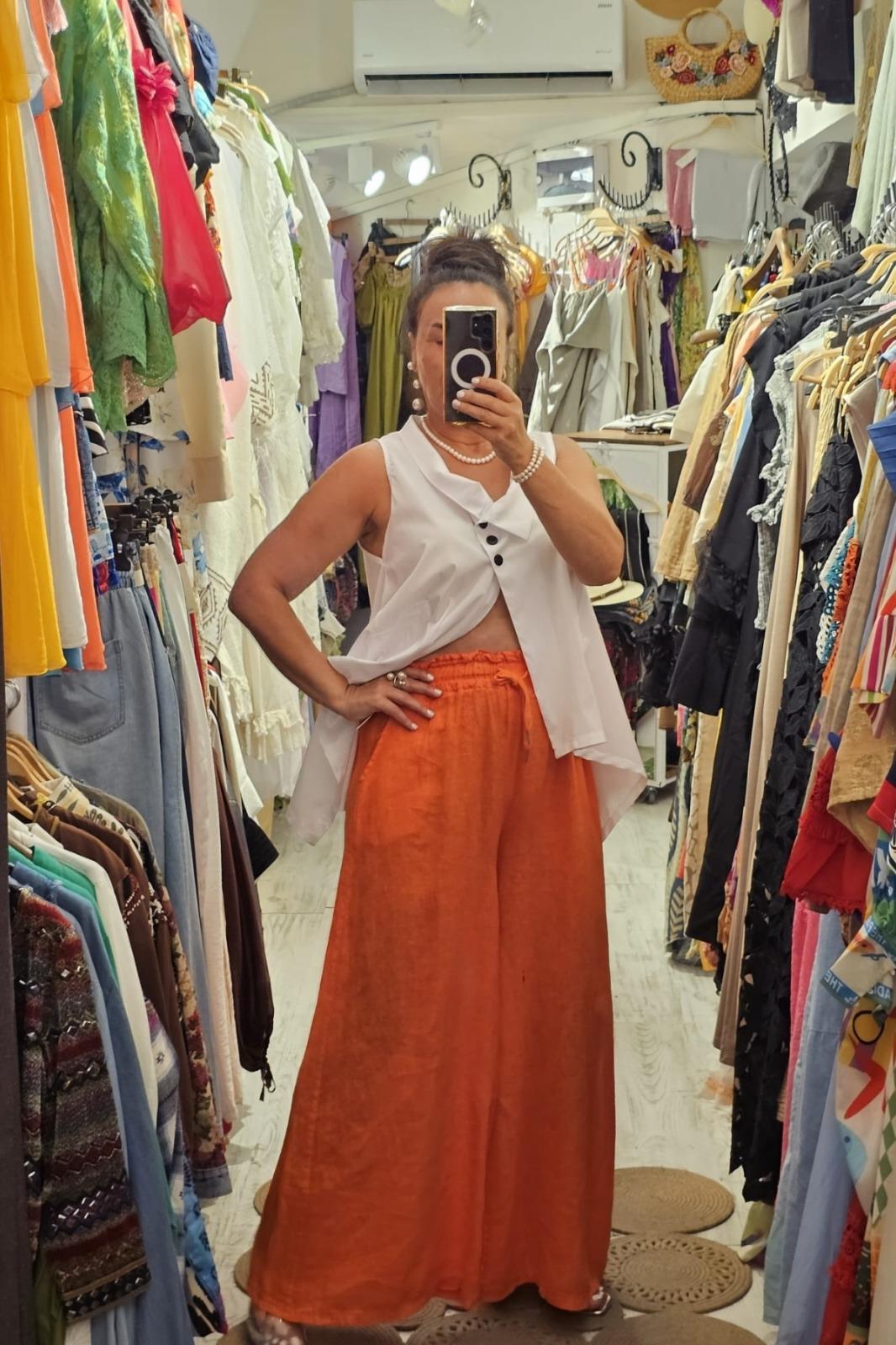 İtalyan Keten Pantolon Cepli, Beli Lastikli, Bol Paça Turuncu