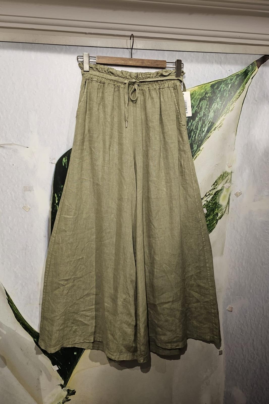 İtalyan Keten Pantolon Cepli, Beli Lastikli, Bol Paça Haki