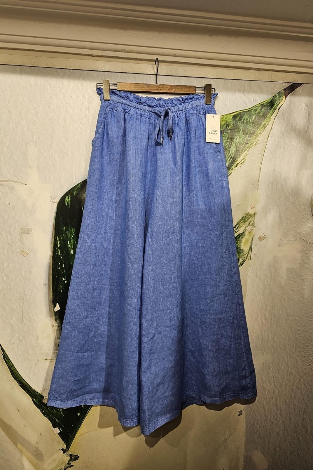 İtalyan Keten Pantolon Cepli, Beli Lastikli, Bol Paça Çivit Mavi