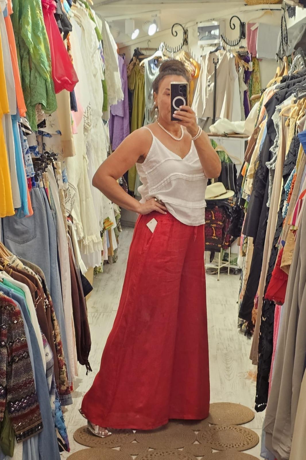 İtalyan Keten Pantolon Cepli, Beli Lastikli, Bol Paça Kırmızı