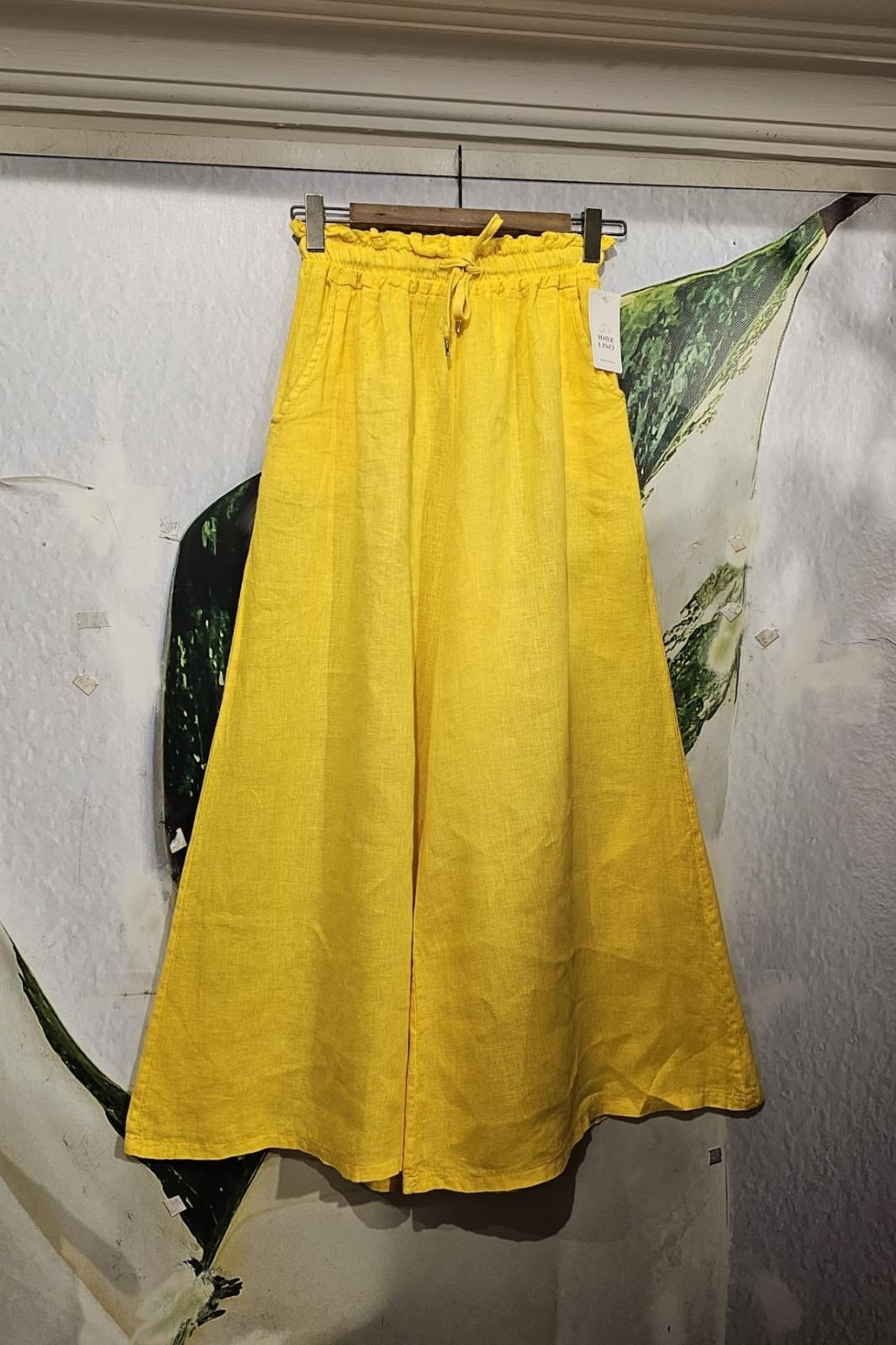 İtalyan Keten Pantolon Cepli, Beli Lastikli, Bol Paça Sarı