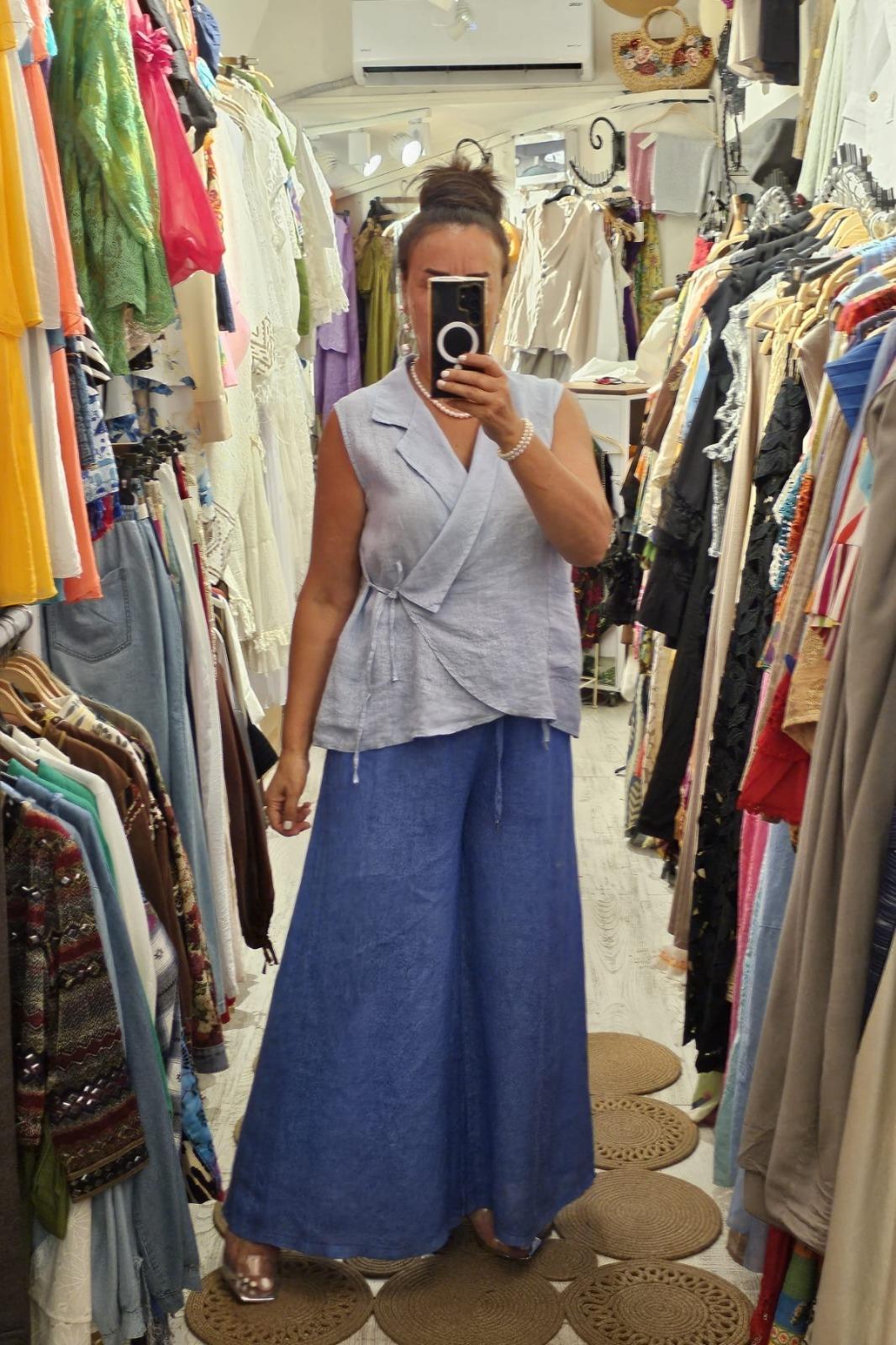 İtalyan Keten Pantolon Cepli, Beli Lastikli, Bol Paça Çivit Mavi