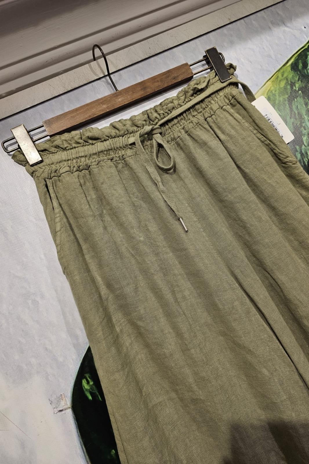 İtalyan Keten Pantolon Cepli, Beli Lastikli, Bol Paça Haki