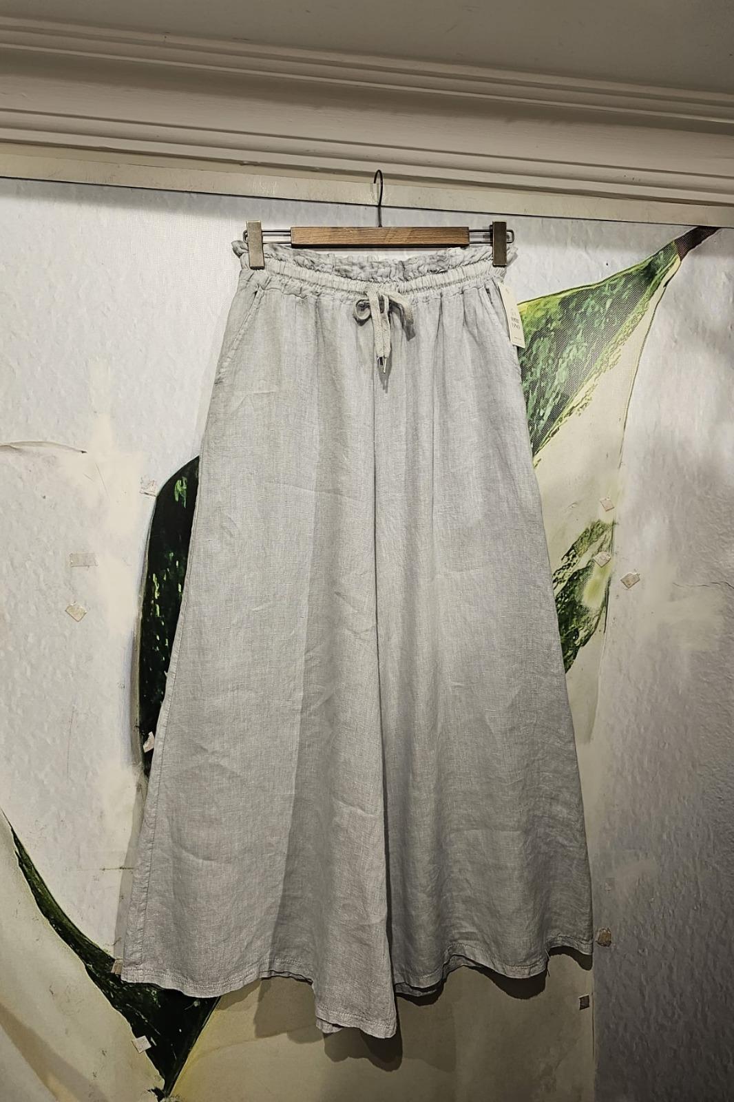 İtalyan Keten Pantolon Cepli, Beli Lastikli, Bol Paça Gri