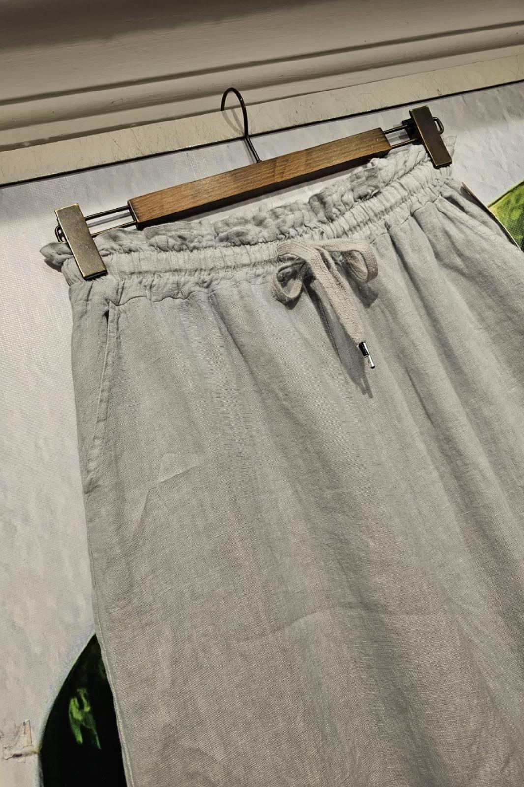 İtalyan Keten Pantolon Cepli, Beli Lastikli, Bol Paça Gri