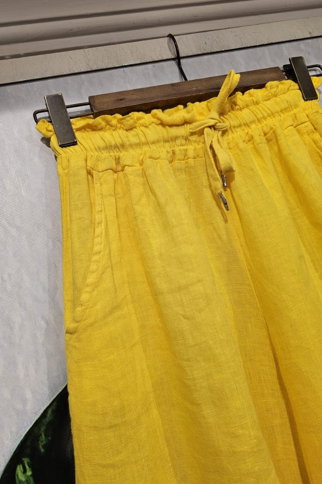 İtalyan Keten Pantolon Cepli, Beli Lastikli, Bol Paça Sarı