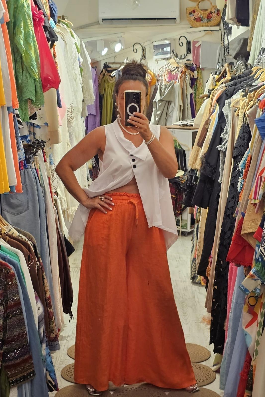 İtalyan Keten Pantolon Cepli, Beli Lastikli, Bol Paça Turuncu