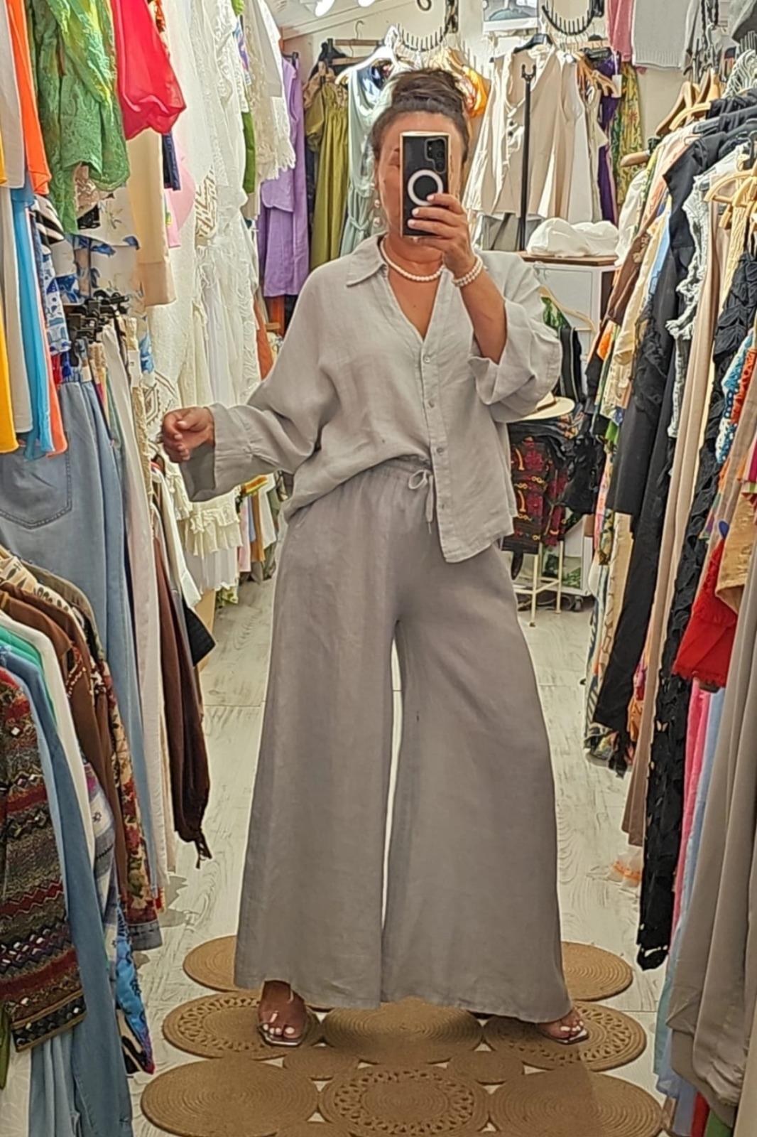 İtalyan Keten Pantolon Cepli, Beli Lastikli, Bol Paça Gri