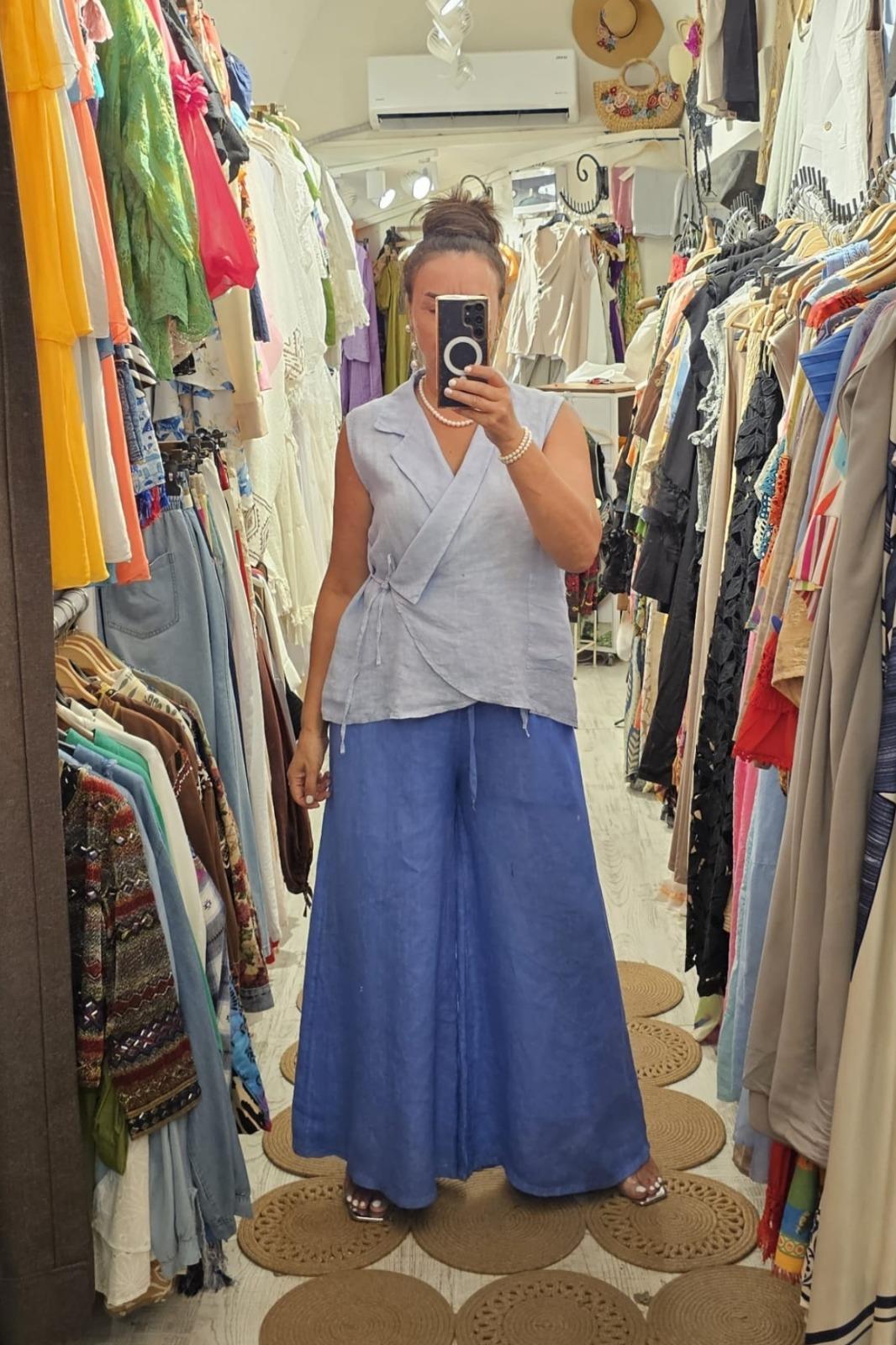 İtalyan Keten Pantolon Cepli, Beli Lastikli, Bol Paça Çivit Mavi