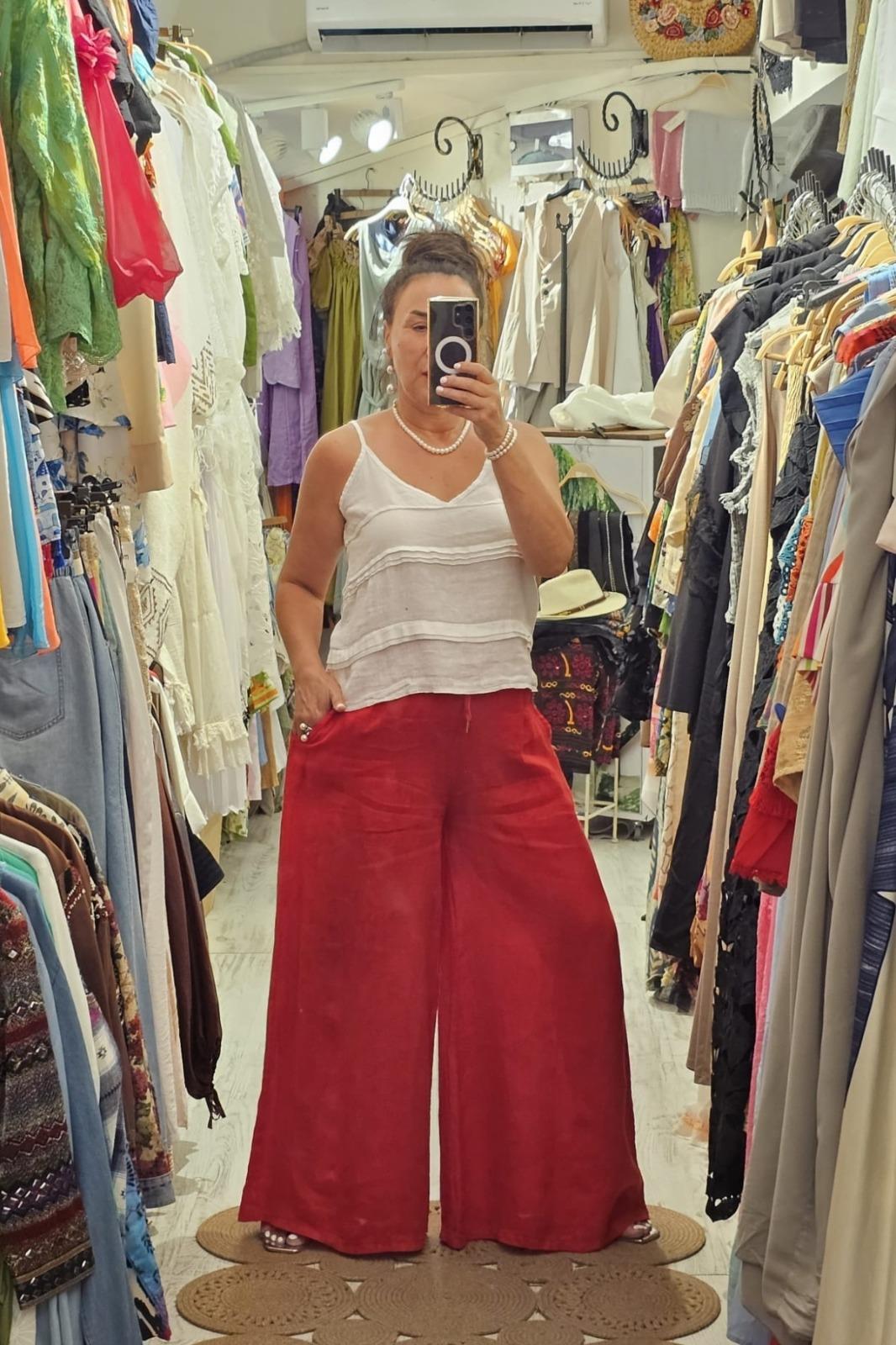 İtalyan Keten Pantolon Cepli, Beli Lastikli, Bol Paça Kırmızı