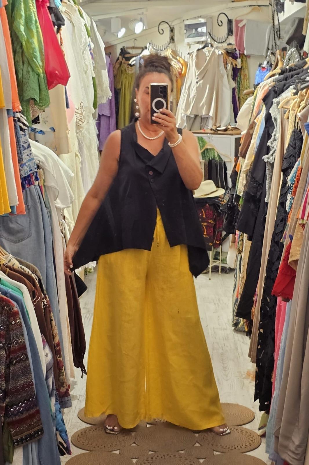 İtalyan Keten Pantolon Cepli, Beli Lastikli, Bol Paça Sarı