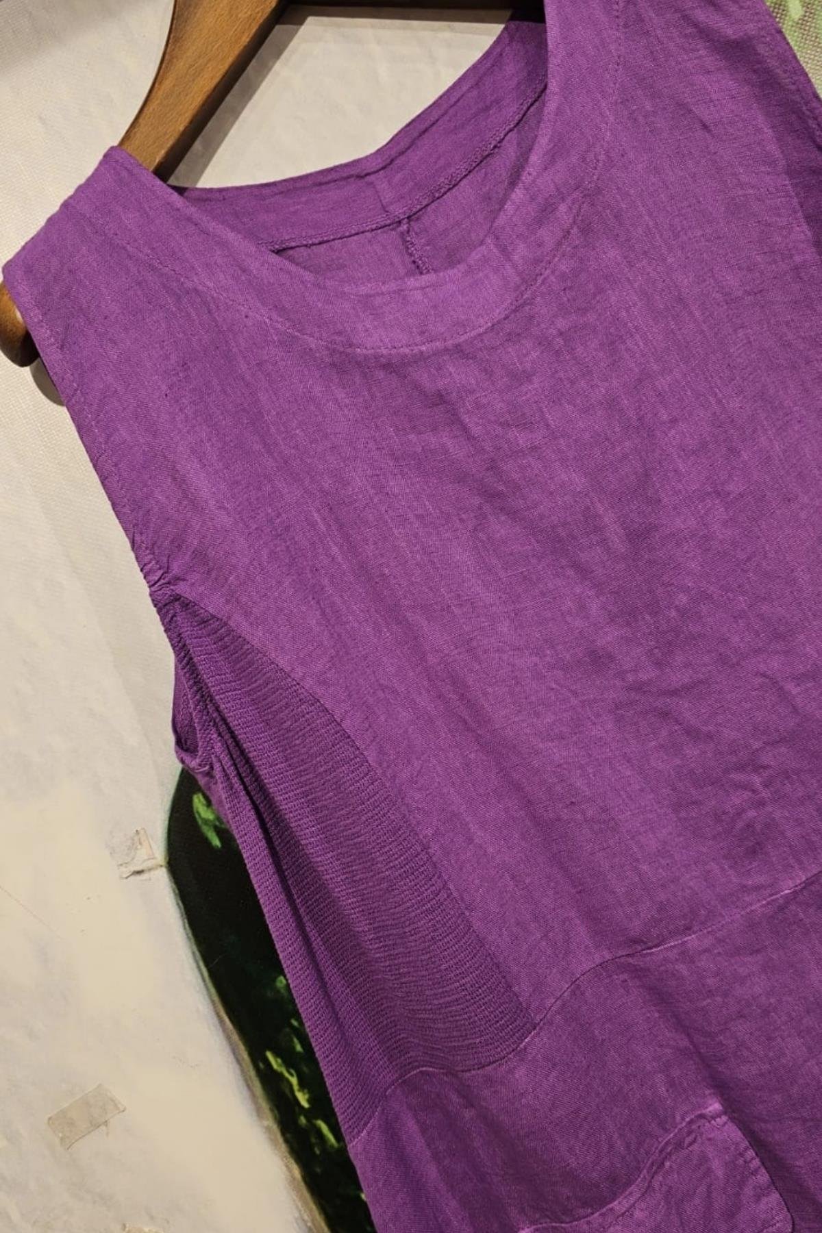 İtalyan Keten Sıfır Kol Elbise Mor