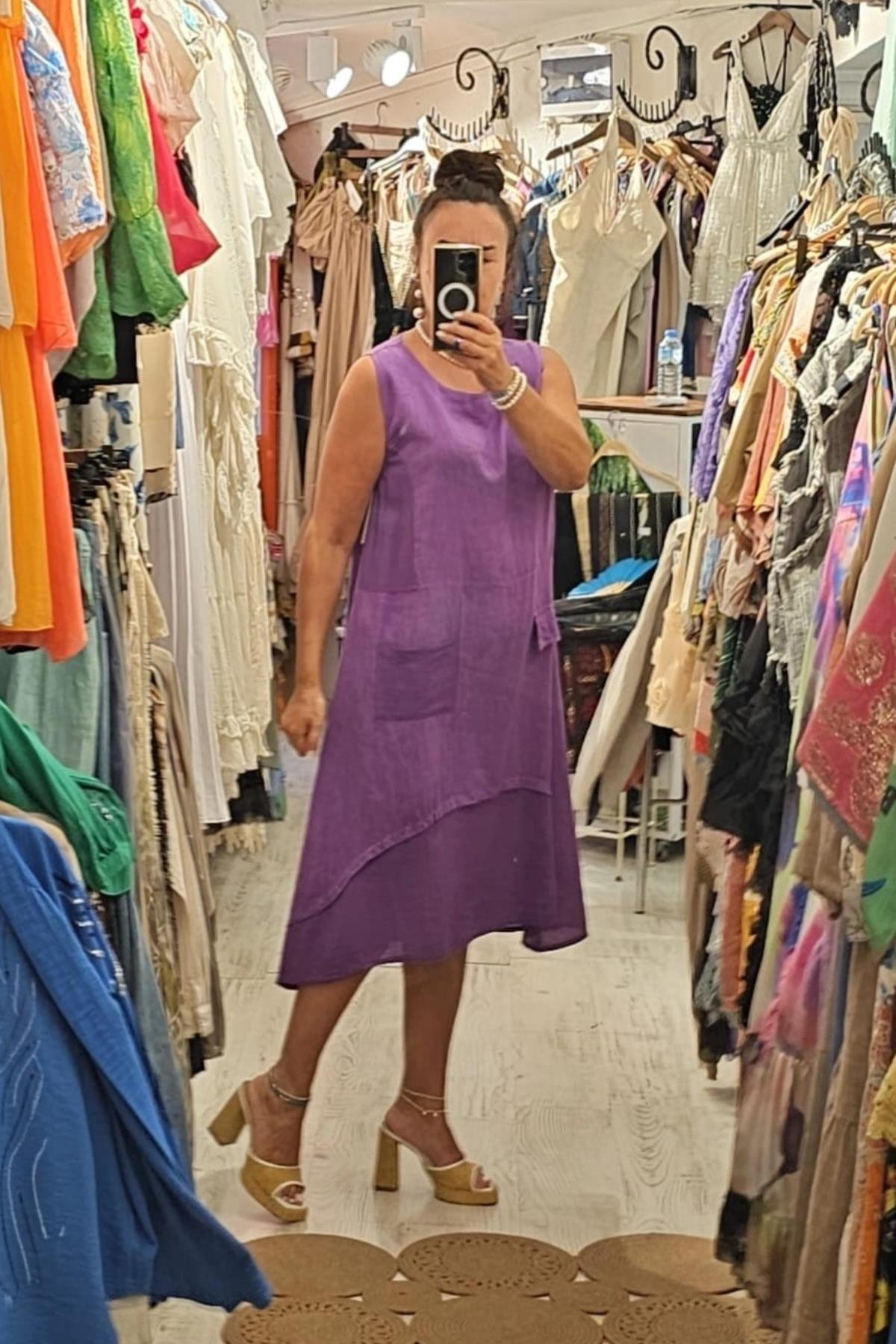 İtalyan Keten Sıfır Kol Elbise Mor