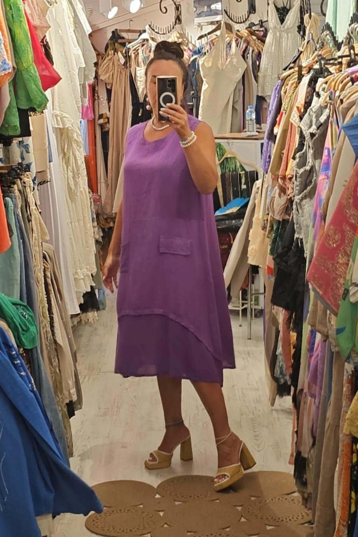 İtalyan Keten Sıfır Kol Elbise Mor