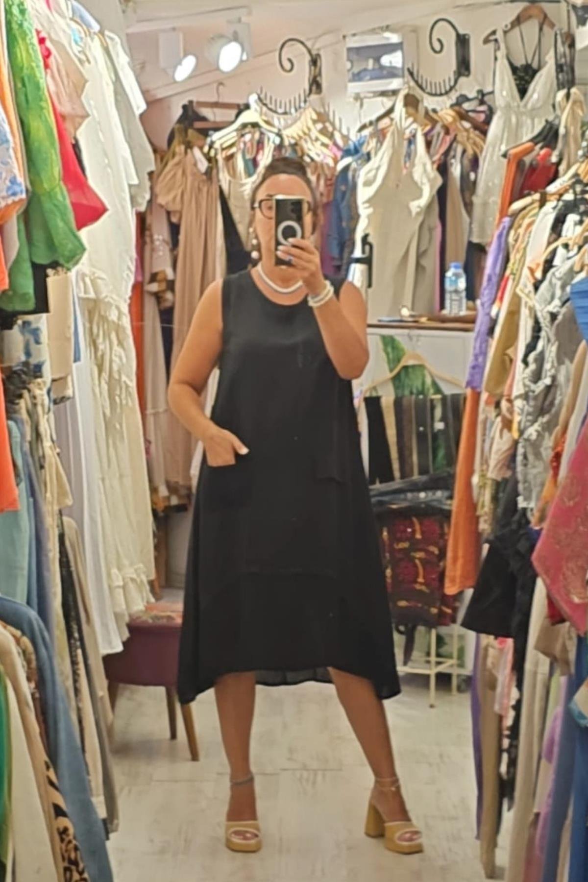 İtalyan Keten Sıfır Kol Elbise Siyah