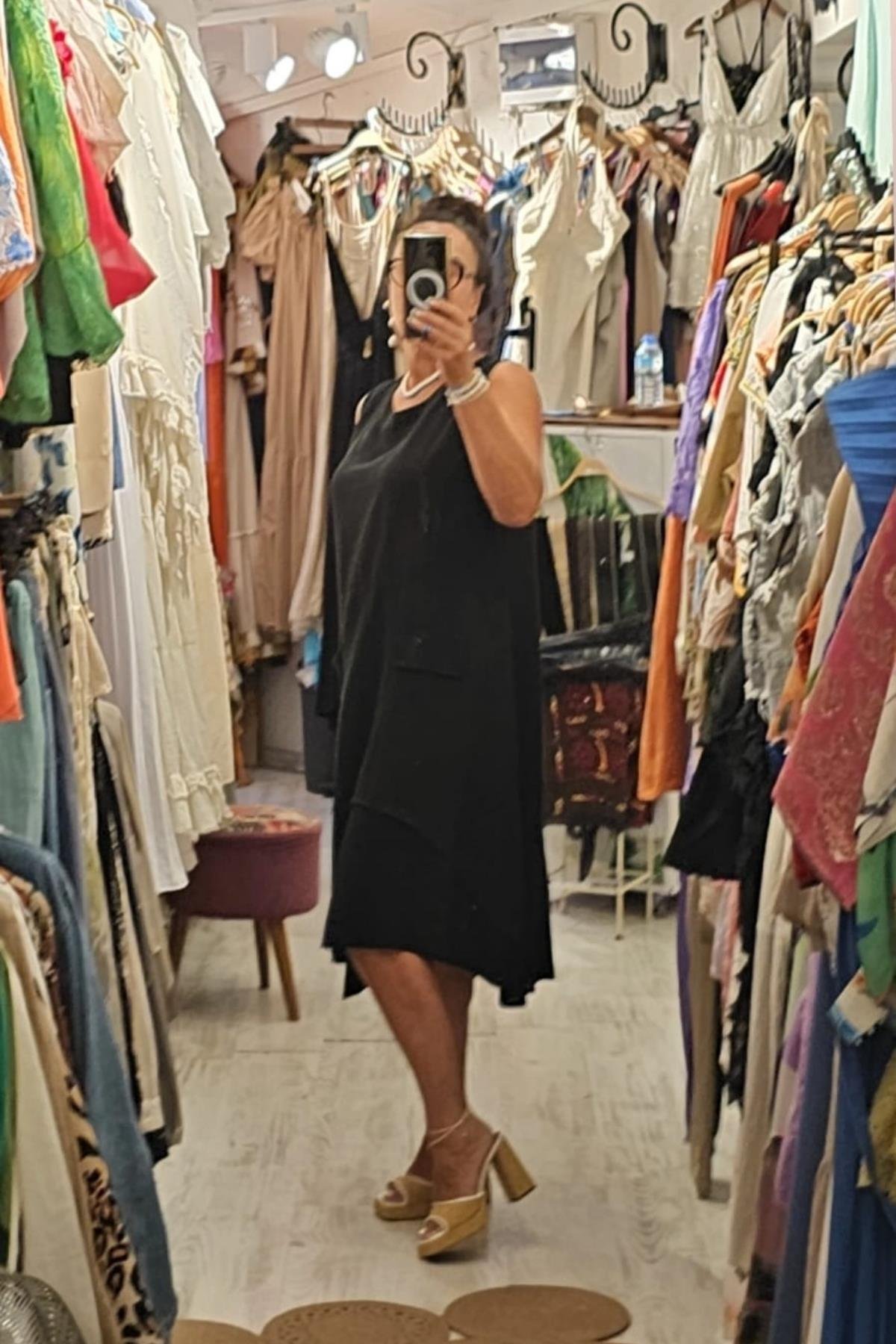 İtalyan Keten Sıfır Kol Elbise Siyah