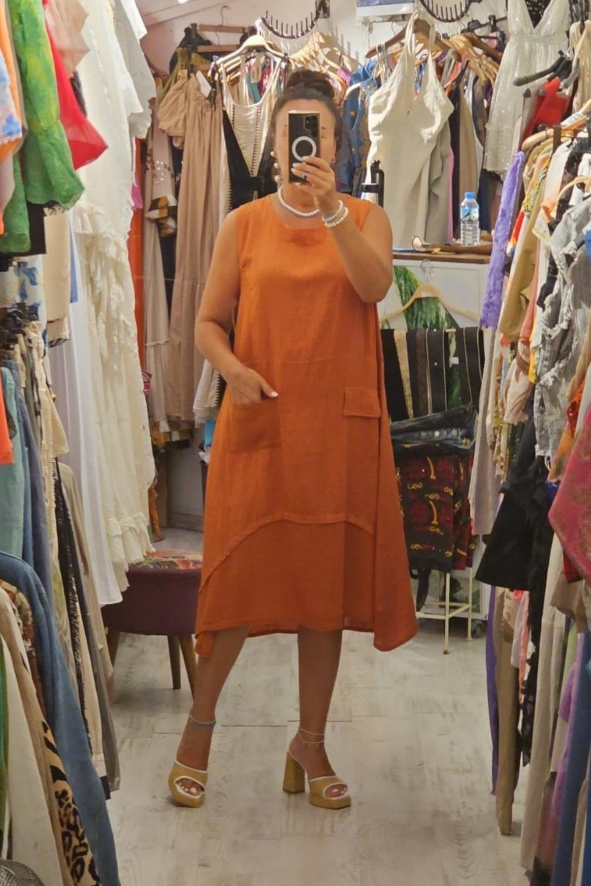 İtalyan Keten Sıfır Kol Elbise Taba