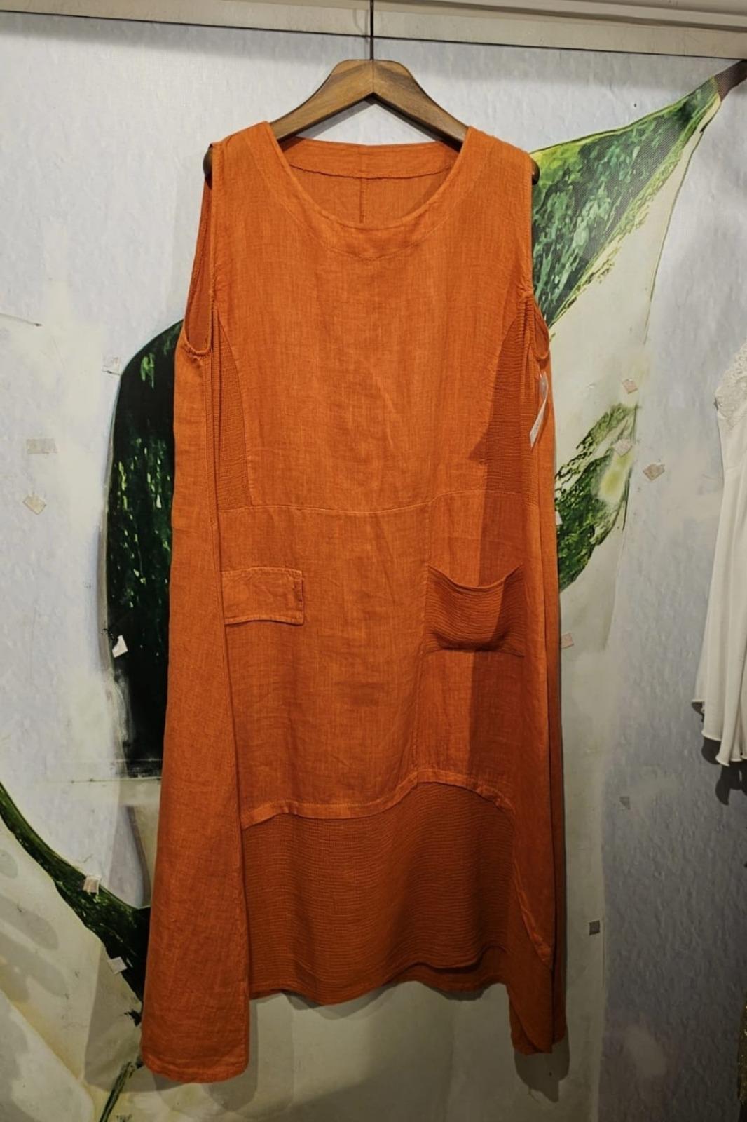 İtalyan Keten Sıfır Kol Elbise Taba