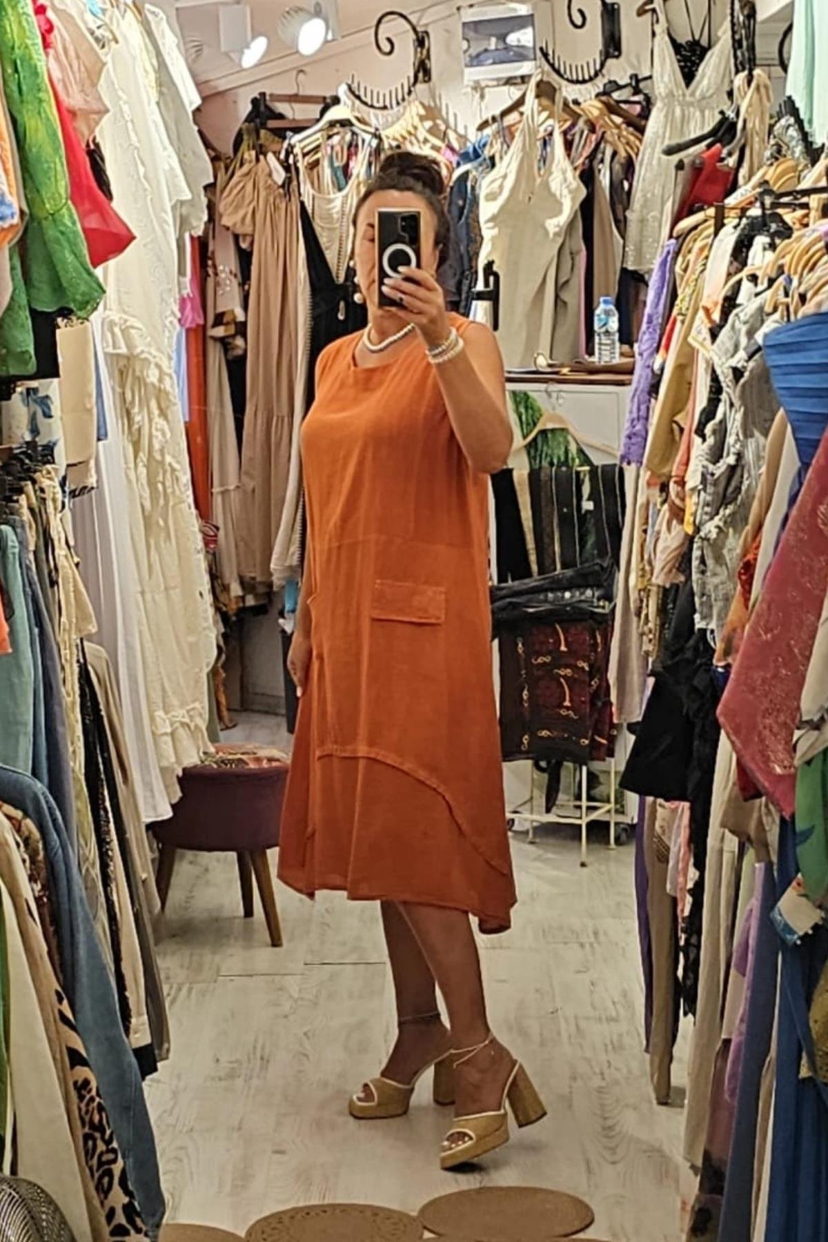 İtalyan Keten Sıfır Kol Elbise Taba