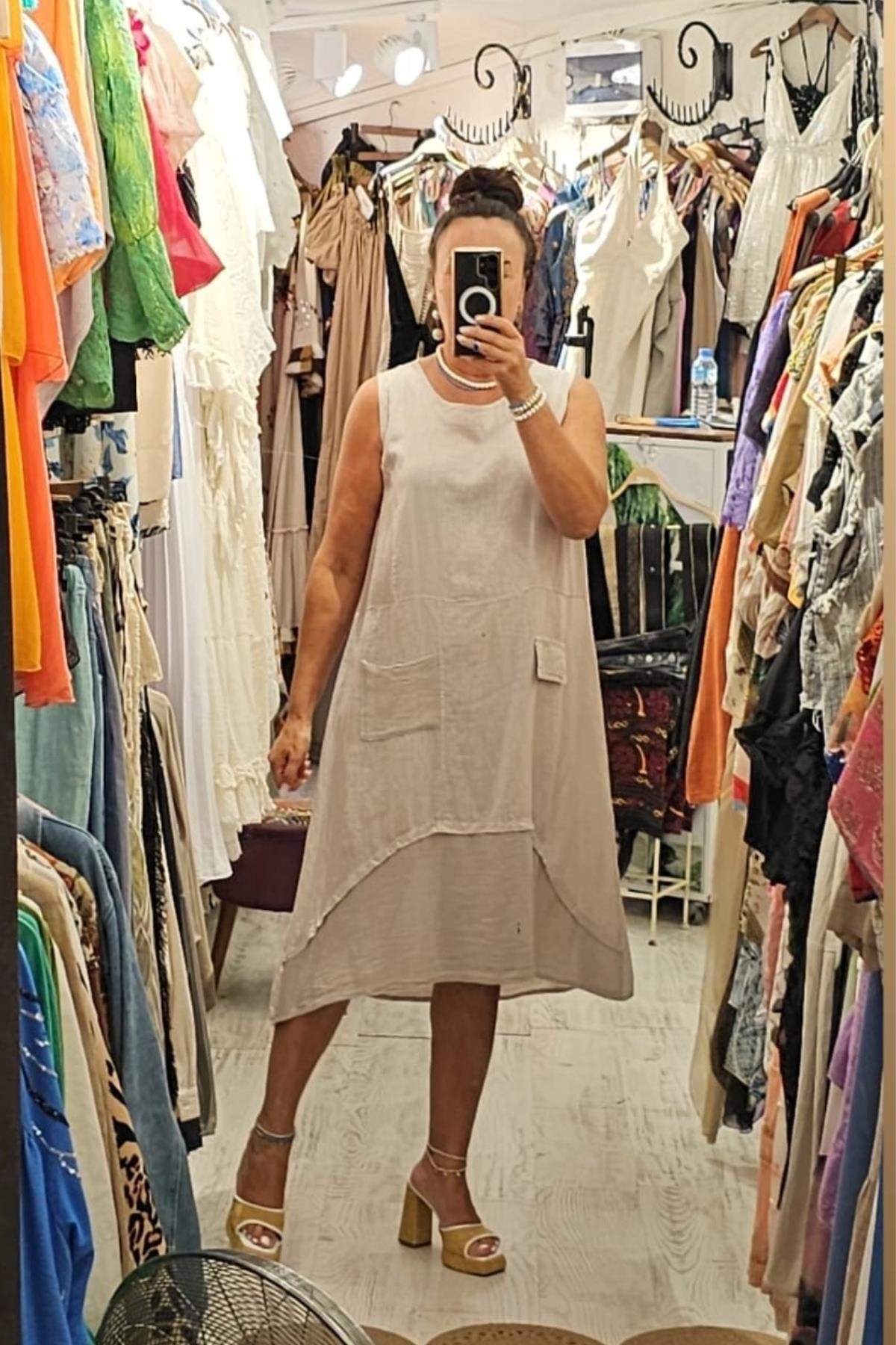 İtalyan Keten Sıfır Kol Elbise Taş Rengi