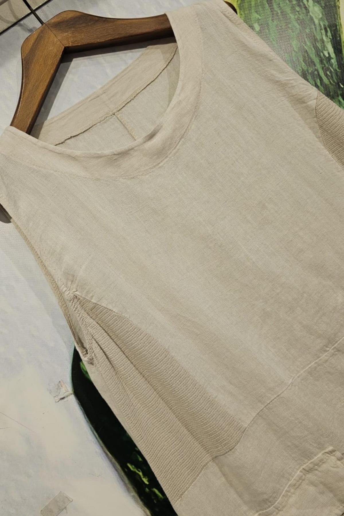 İtalyan Keten Sıfır Kol Elbise Taş Rengi