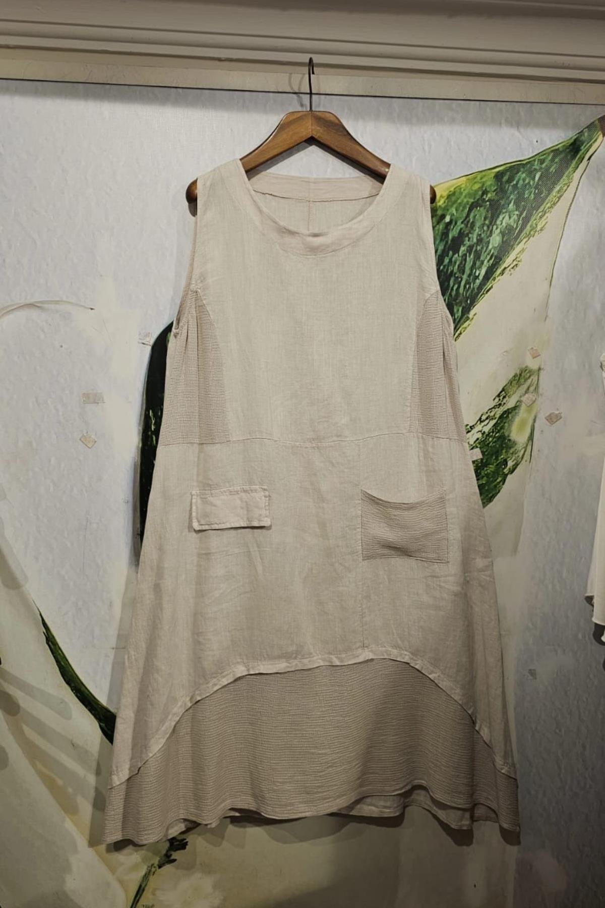 İtalyan Keten Sıfır Kol Elbise Taş Rengi