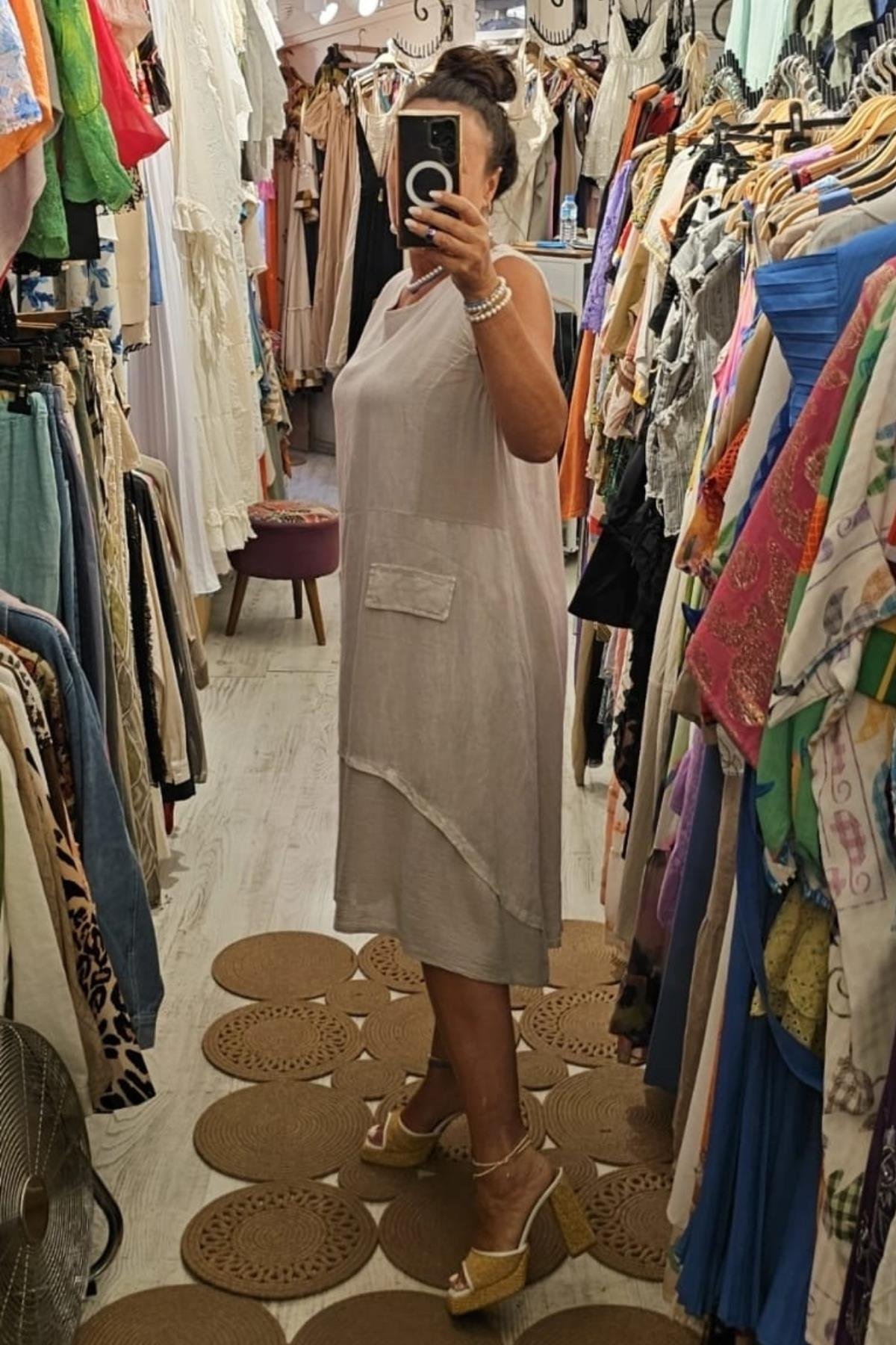 İtalyan Keten Sıfır Kol Elbise Taş Rengi