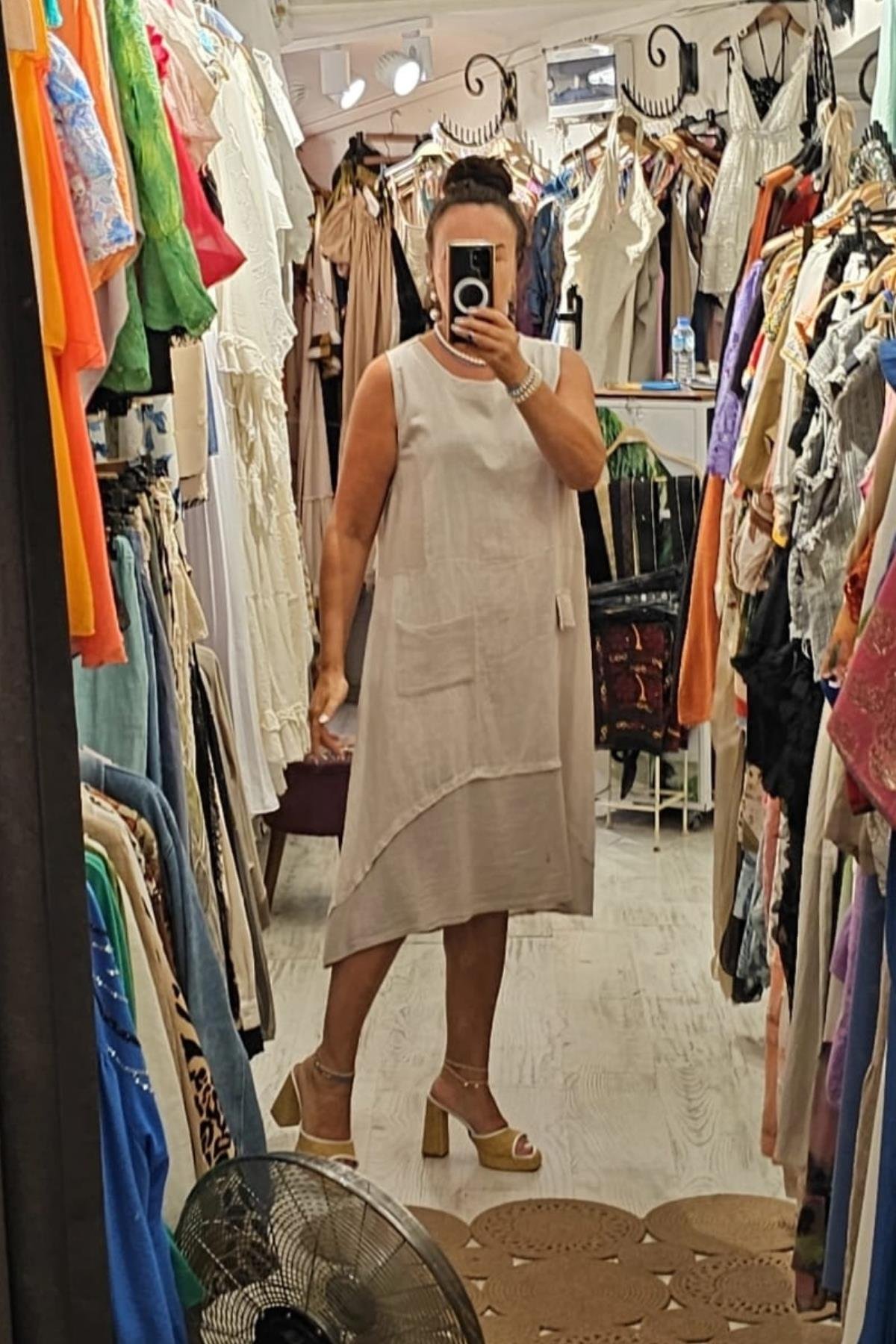 İtalyan Keten Sıfır Kol Elbise Taş Rengi