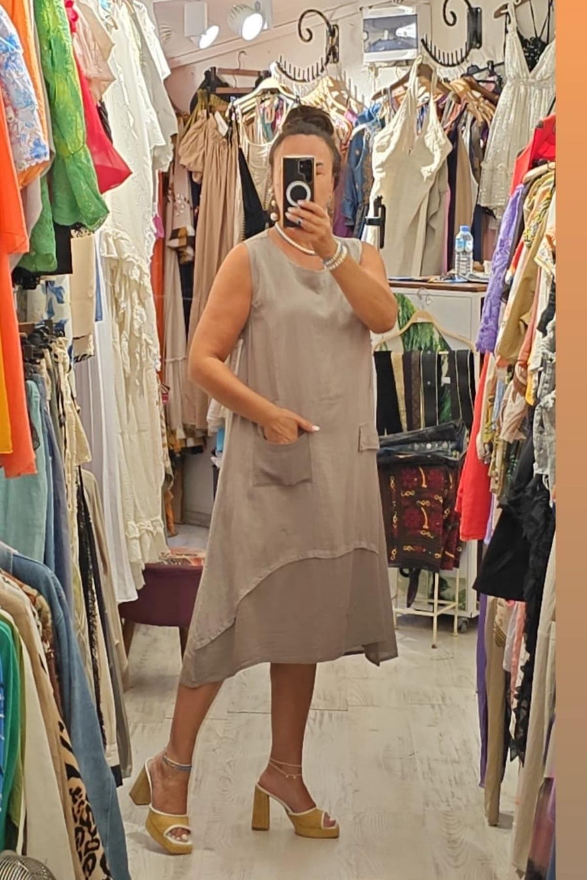 İtalyan Keten Sıfır Kol Elbise Vizon