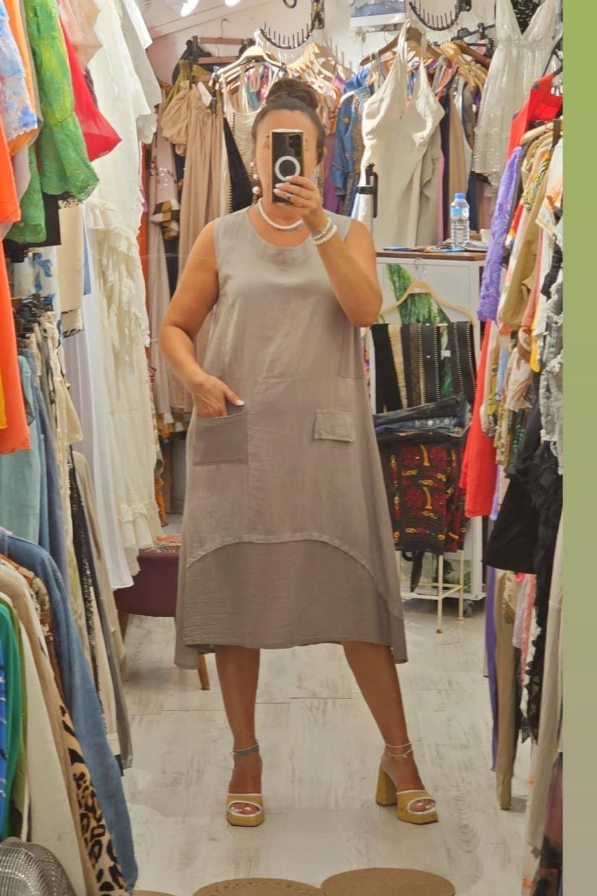 İtalyan Keten Sıfır Kol Elbise Vizon