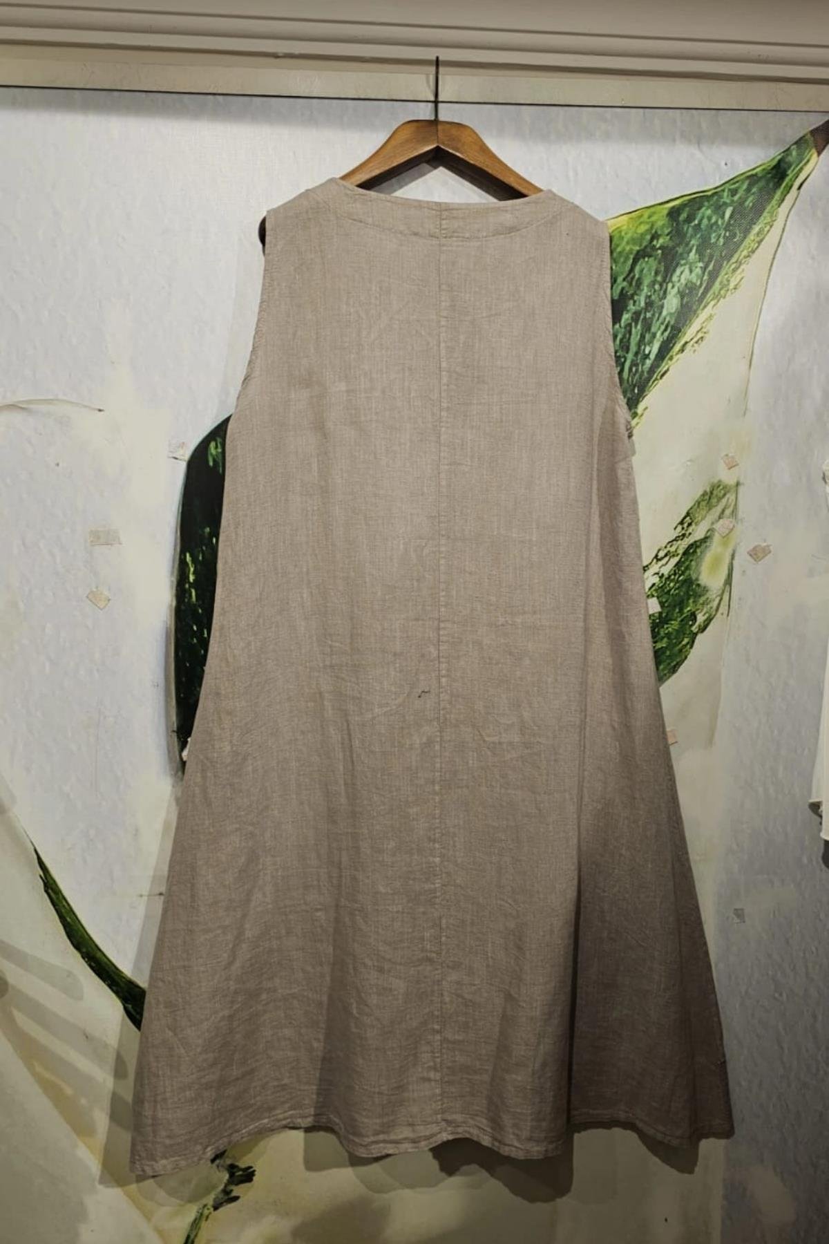 İtalyan Keten Sıfır Kol Elbise Vizon