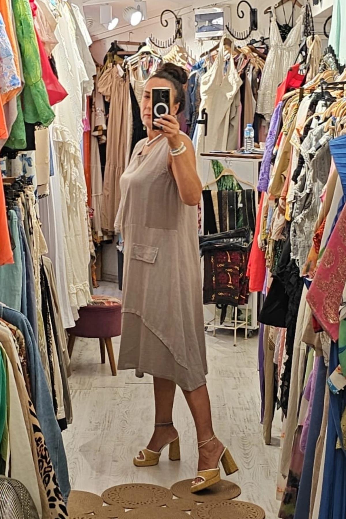 İtalyan Keten Sıfır Kol Elbise Vizon