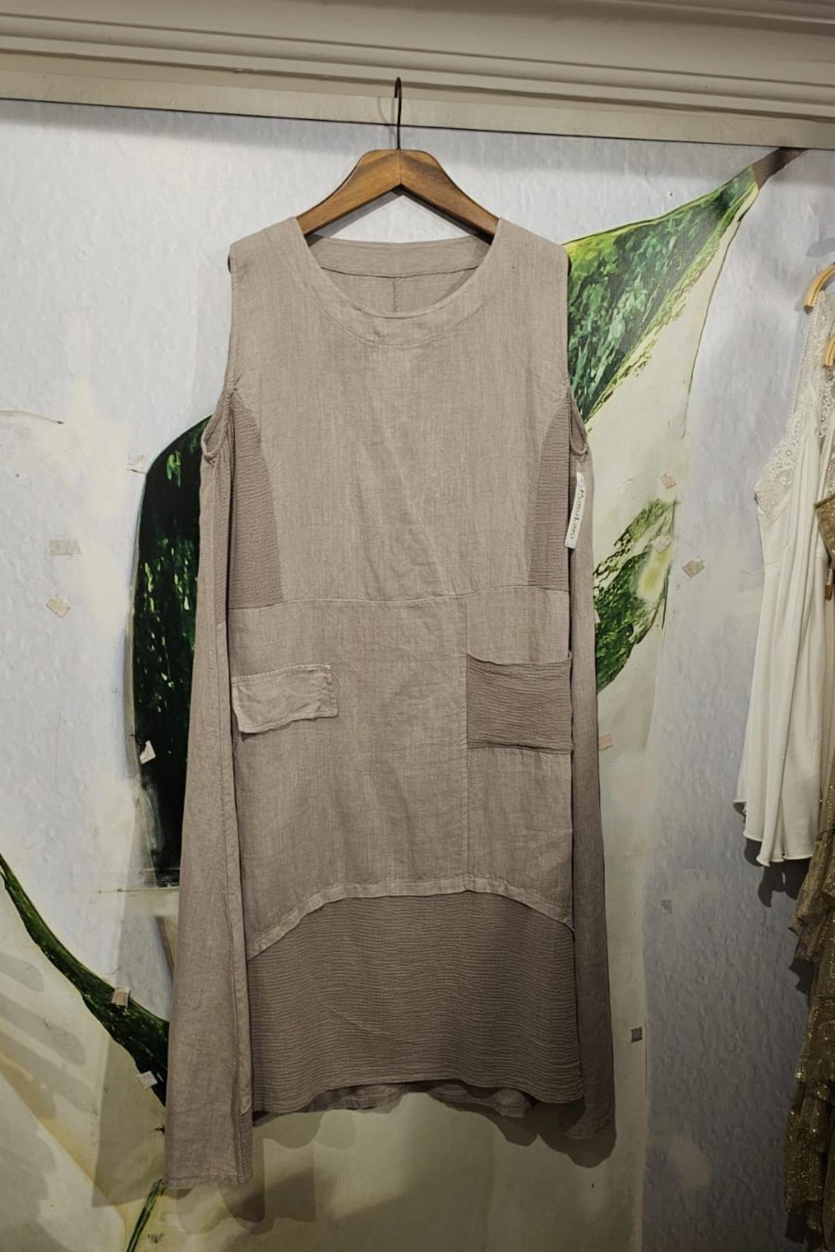 İtalyan Keten Sıfır Kol Elbise Vizon