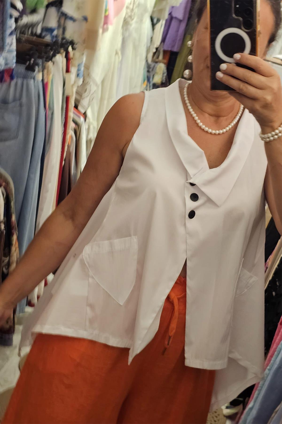 İtalyan Koton Kumaş Tasarım Bluz Beyaz