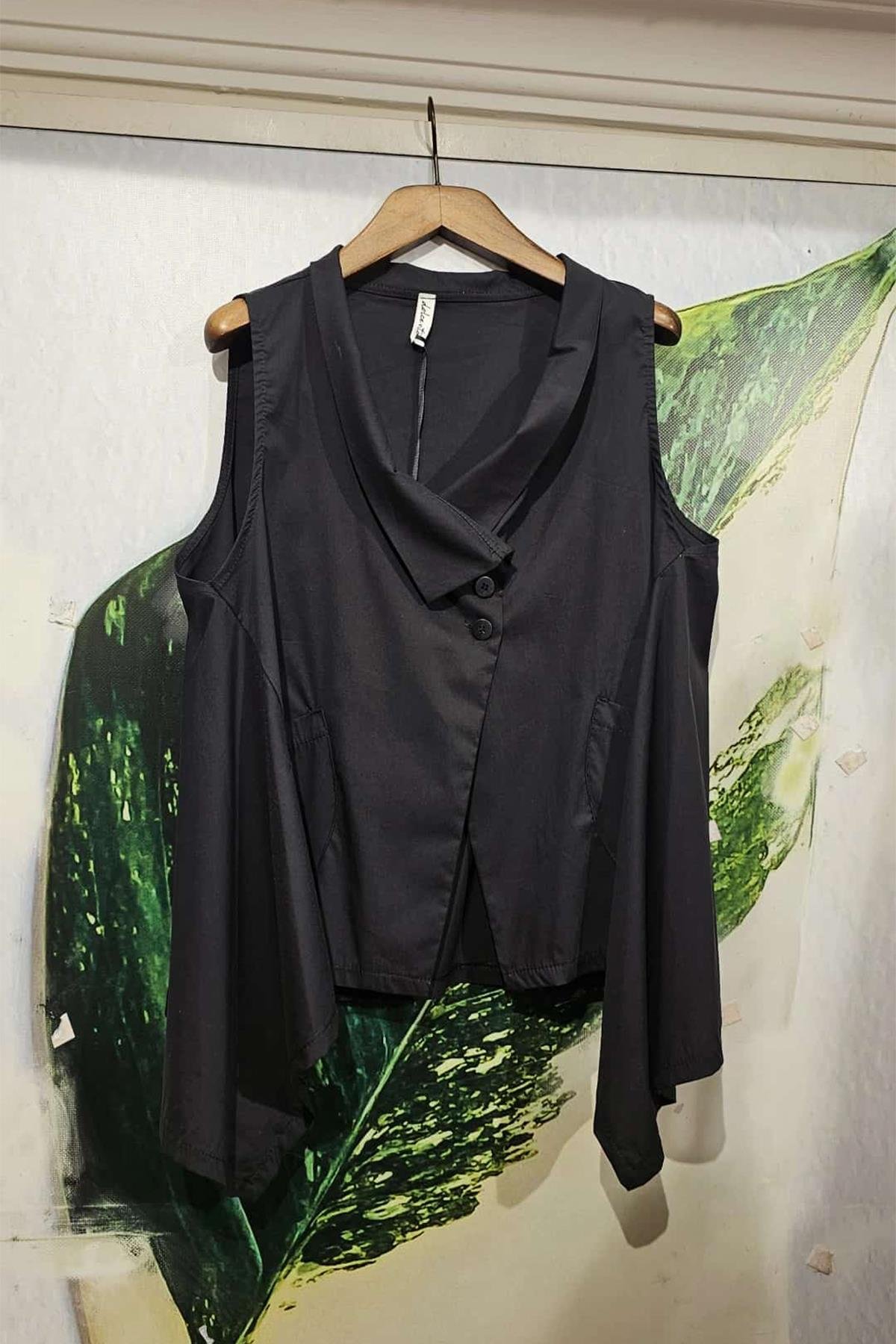 İtalyan Koton Kumaş Tasarım Bluz Siyah