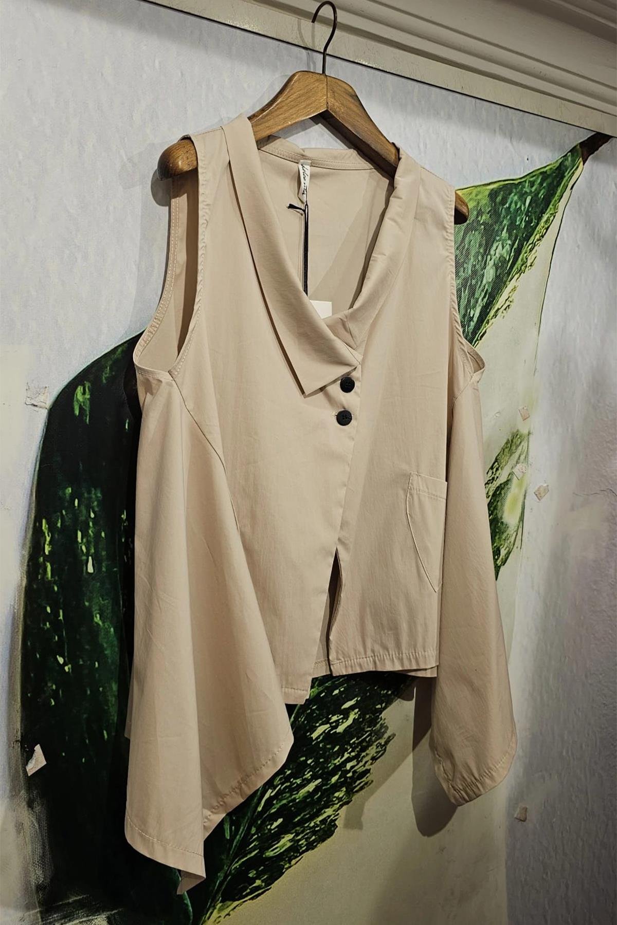 İtalyan Koton Kumaş Tasarım Bluz Taş Rengi