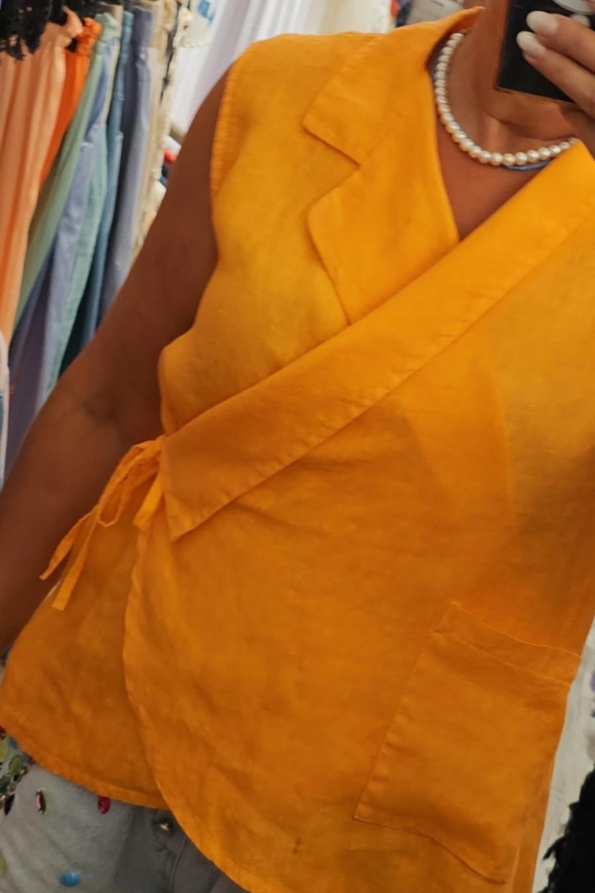 İtalyan Kuruvaze Keten Bluz Açık Oranj