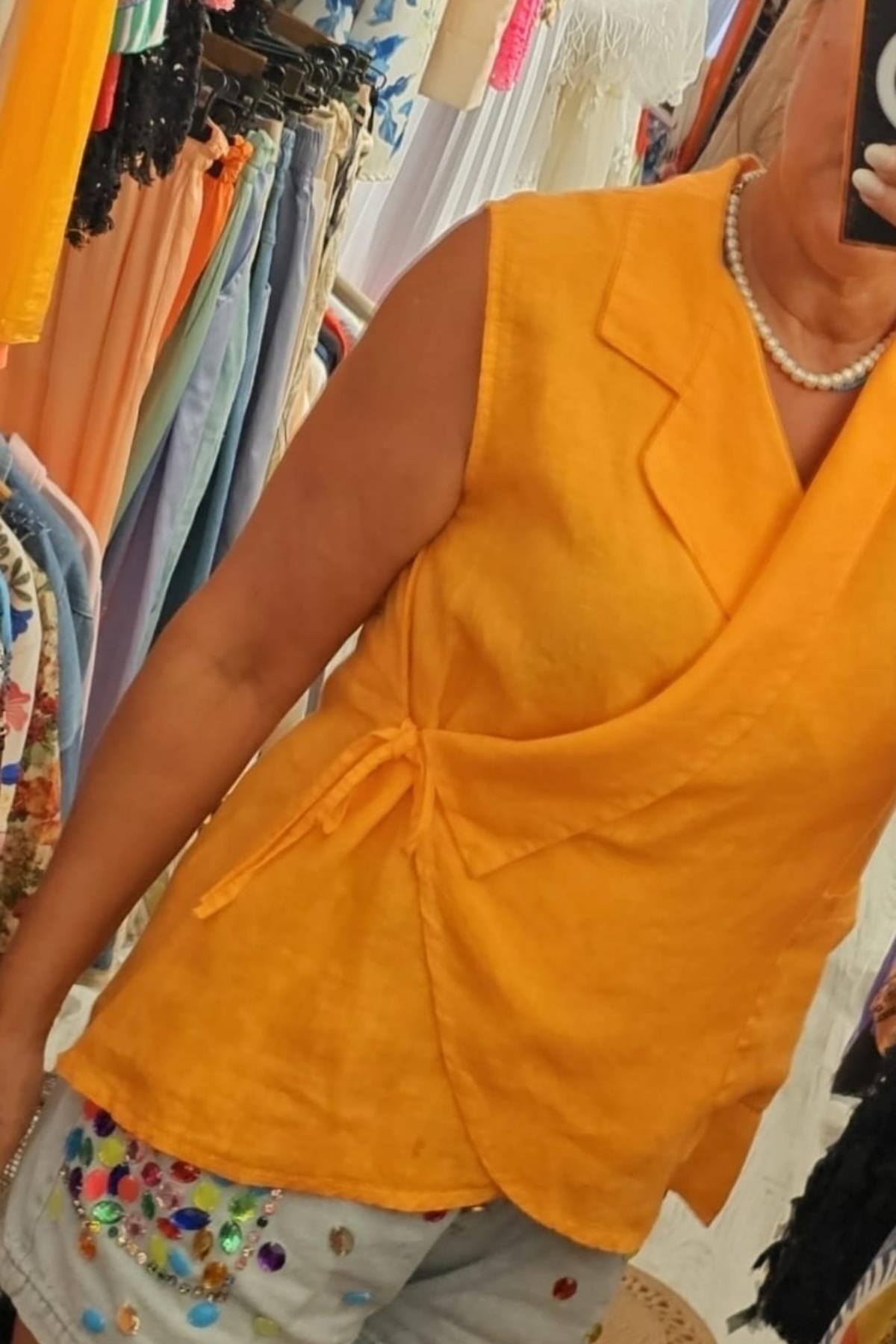 İtalyan Kuruvaze Keten Bluz Açık Oranj