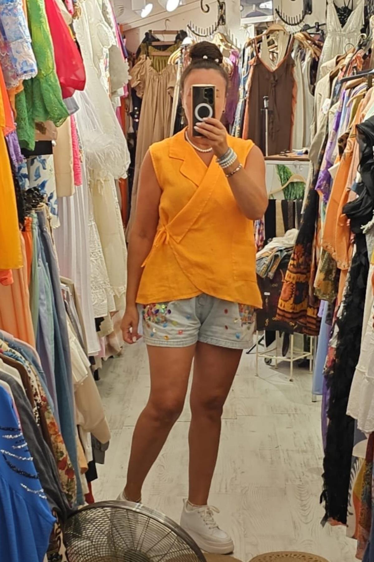 İtalyan Kuruvaze Keten Bluz Açık Oranj