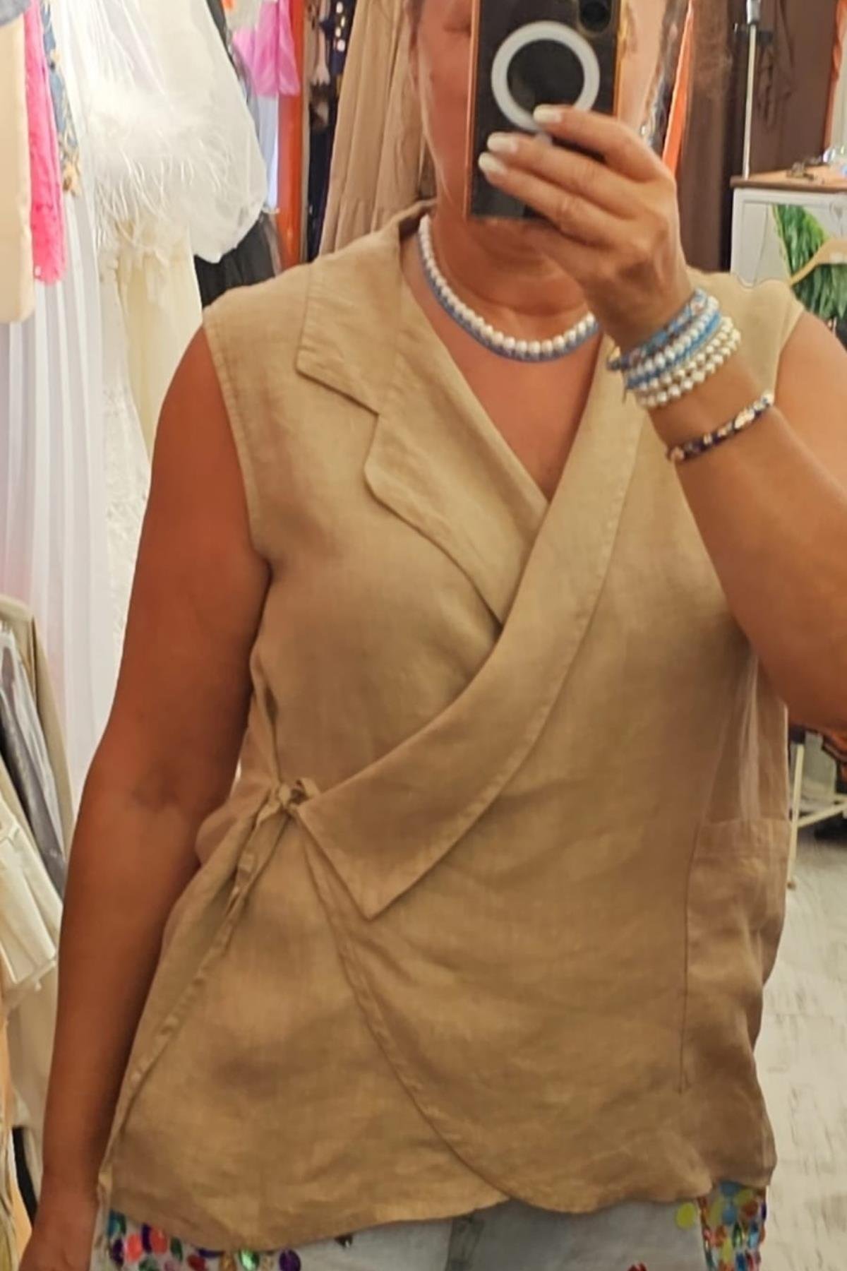 İtalyan Kuruvaze Keten Bluz Camel