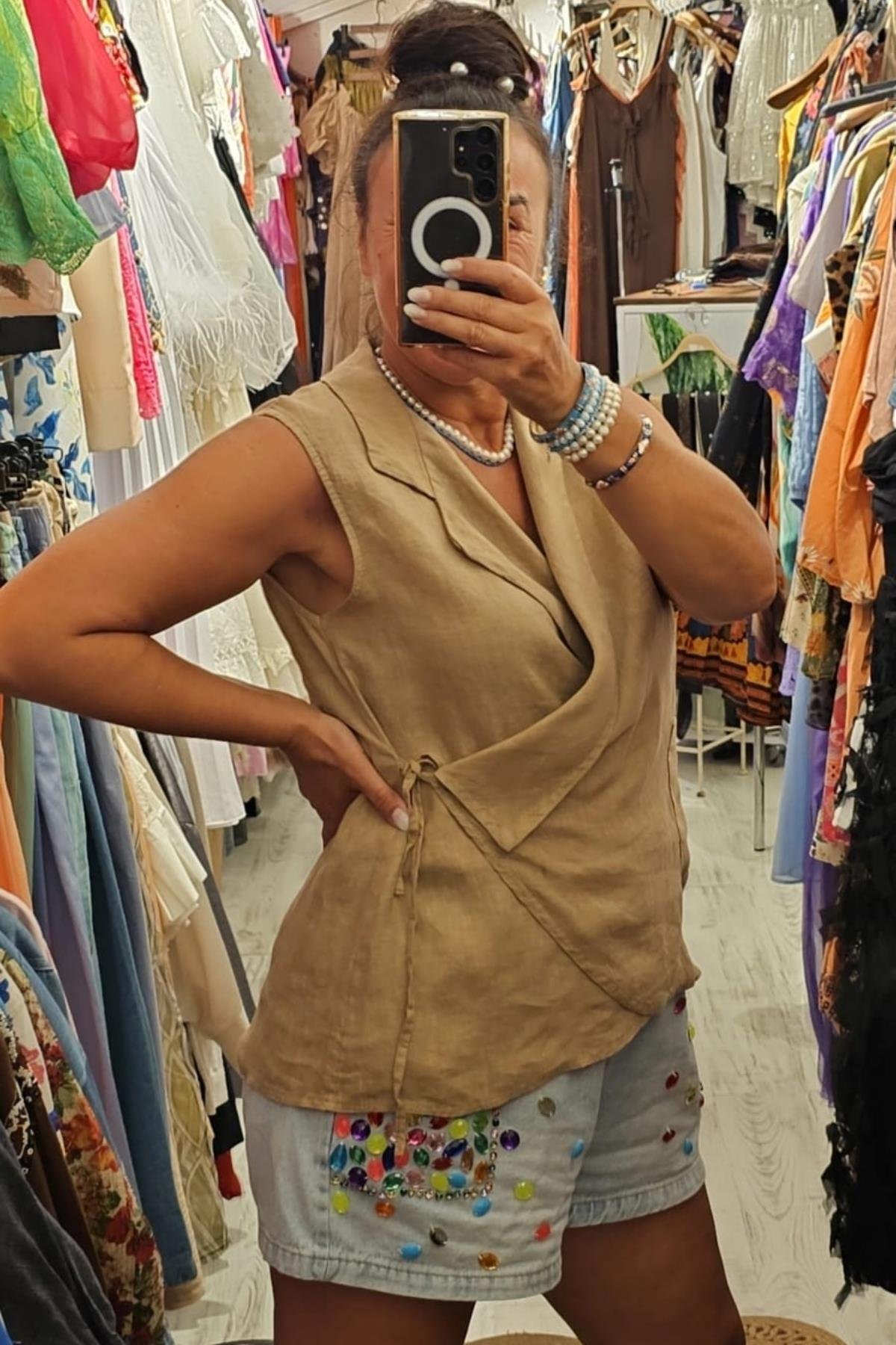 İtalyan Kuruvaze Keten Bluz Camel