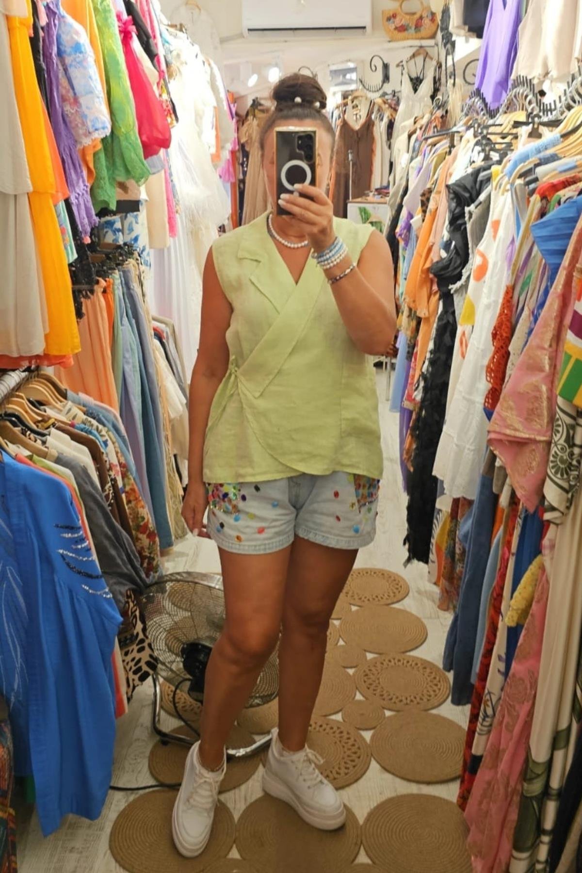 İtalyan Kuruvaze Keten Bluz Fosforlu Yeşil