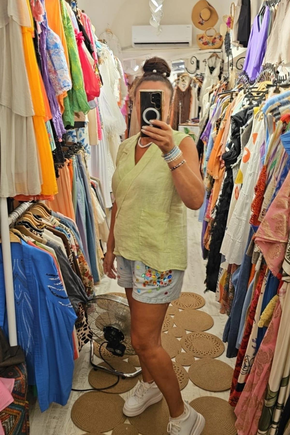 İtalyan Kuruvaze Keten Bluz Fosforlu Yeşil