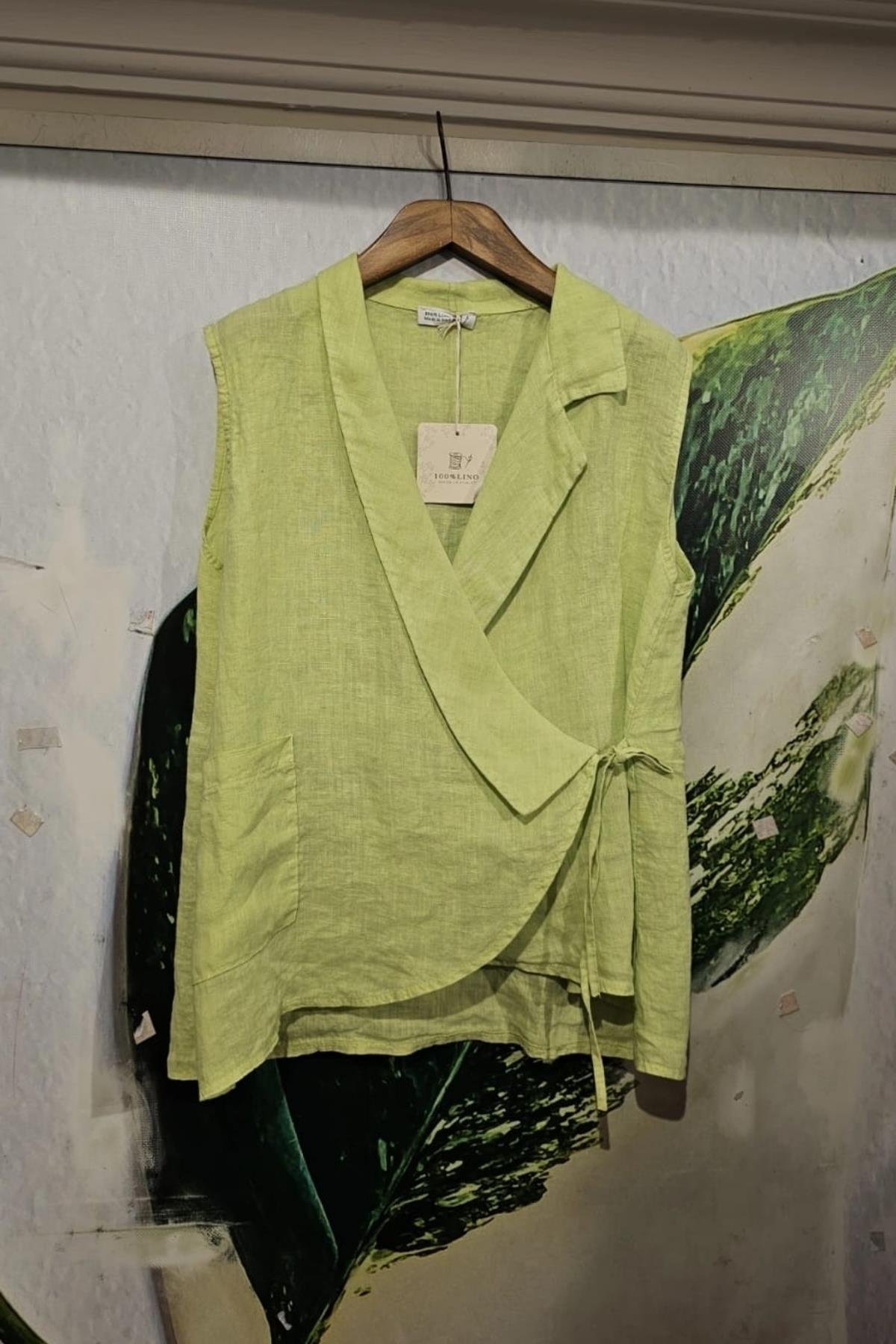 İtalyan Kuruvaze Keten Bluz Fosforlu Yeşil