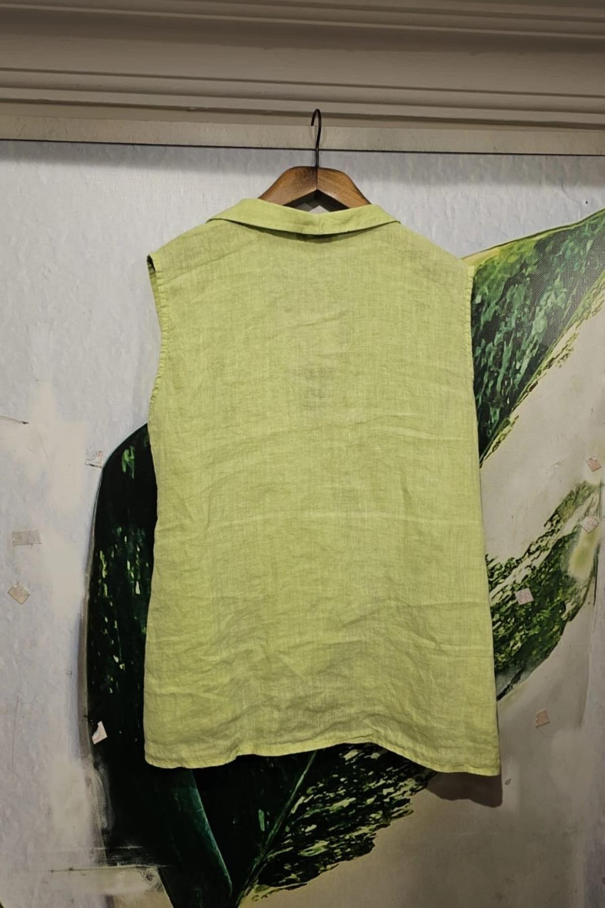 İtalyan Kuruvaze Keten Bluz Fosforlu Yeşil