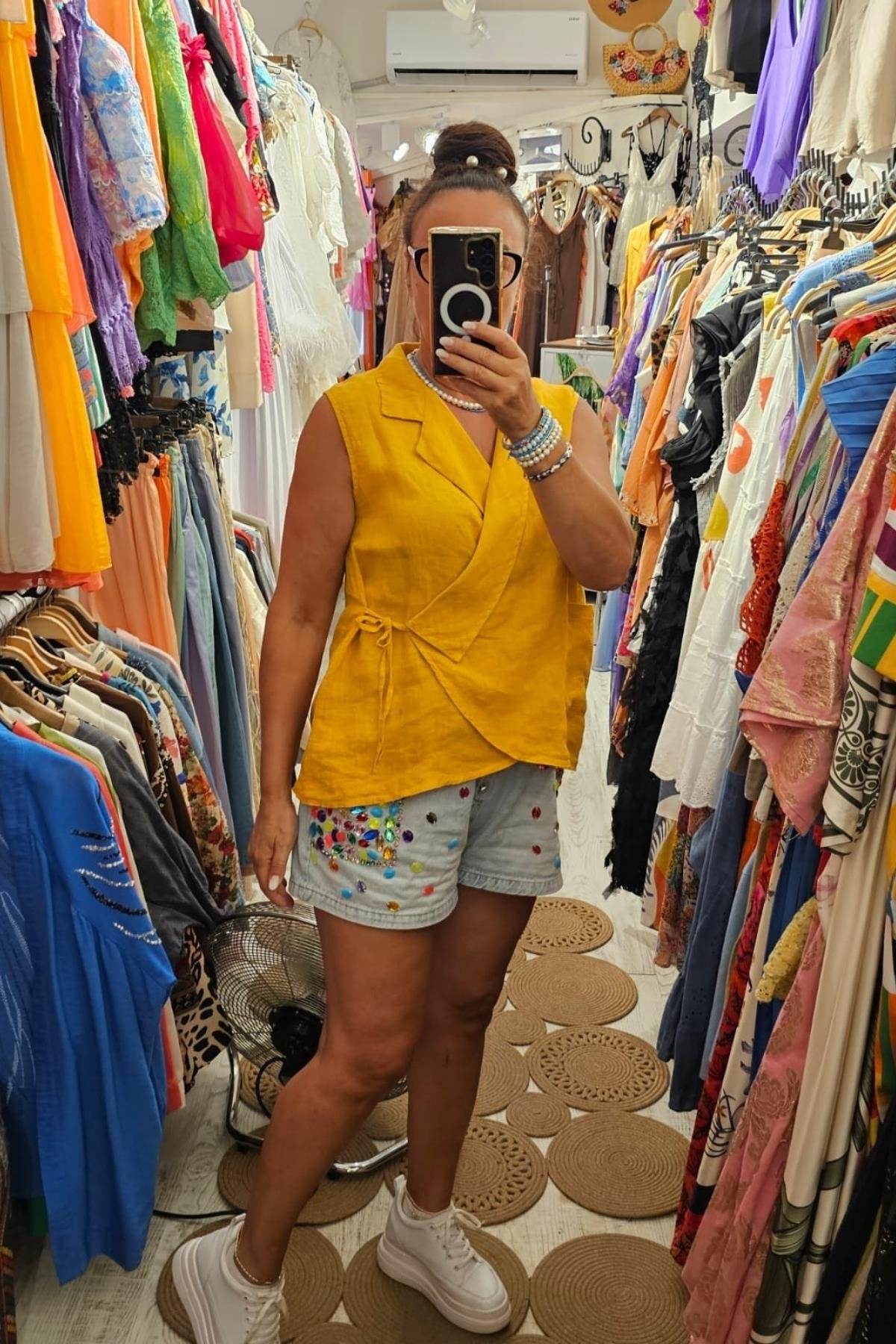 İtalyan Kuruvaze Keten Bluz Hardal Sarısı