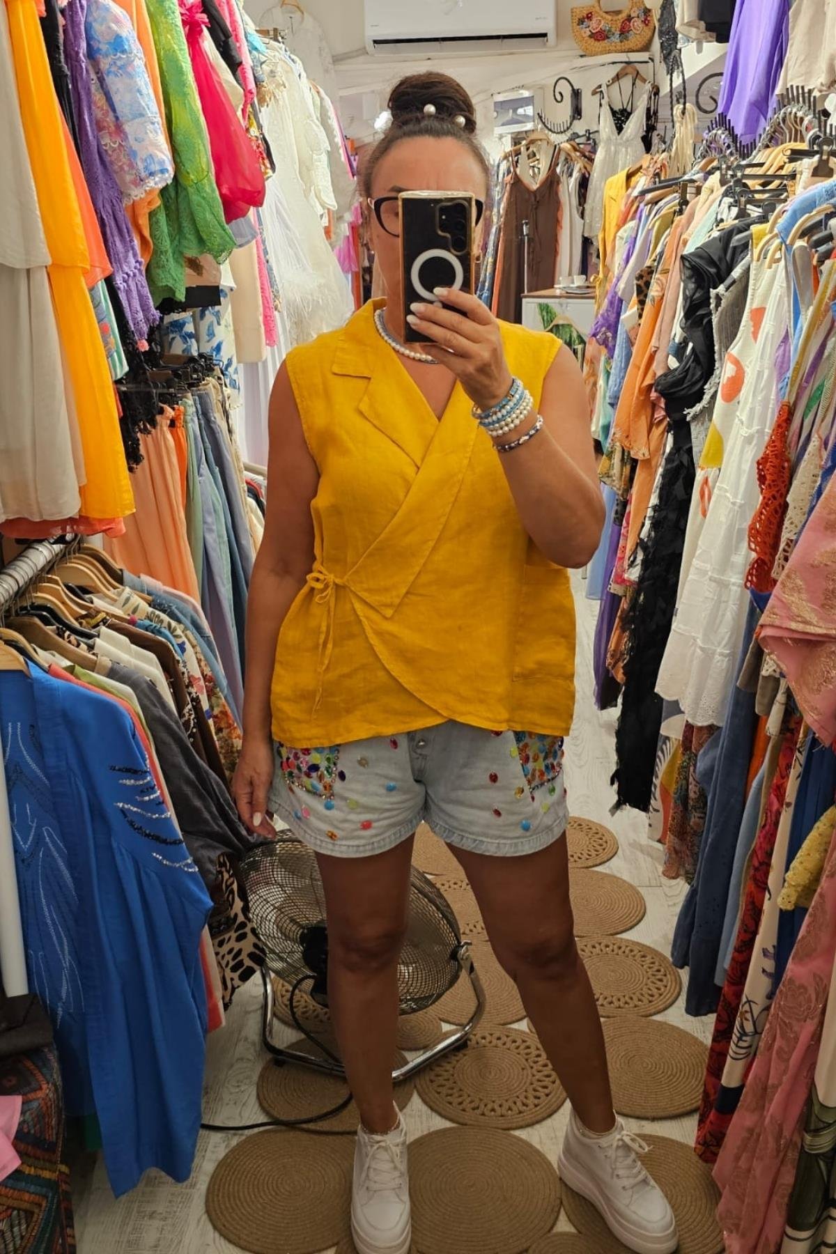 İtalyan Kuruvaze Keten Bluz Hardal Sarısı