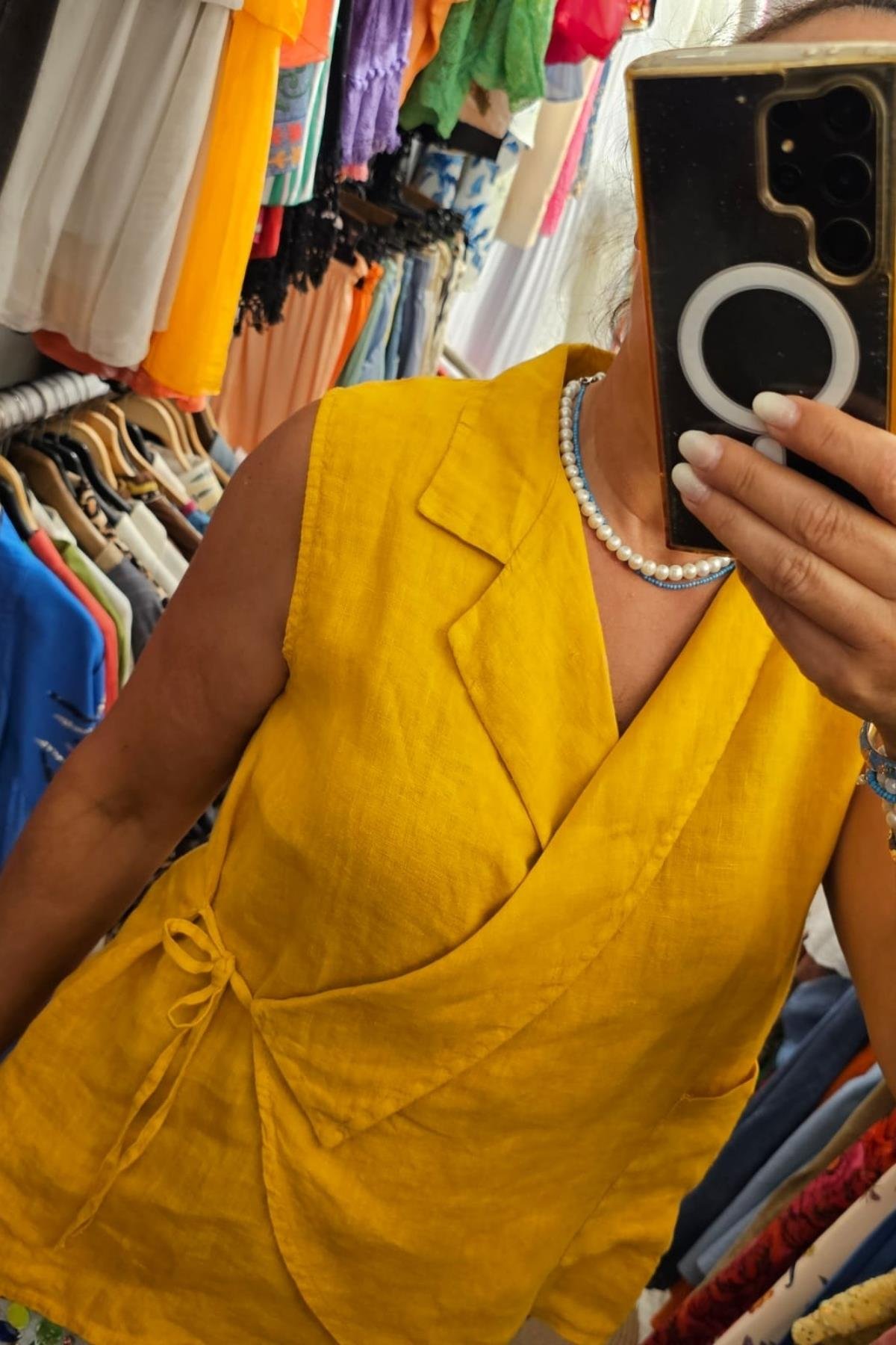 İtalyan Kuruvaze Keten Bluz Hardal Sarısı