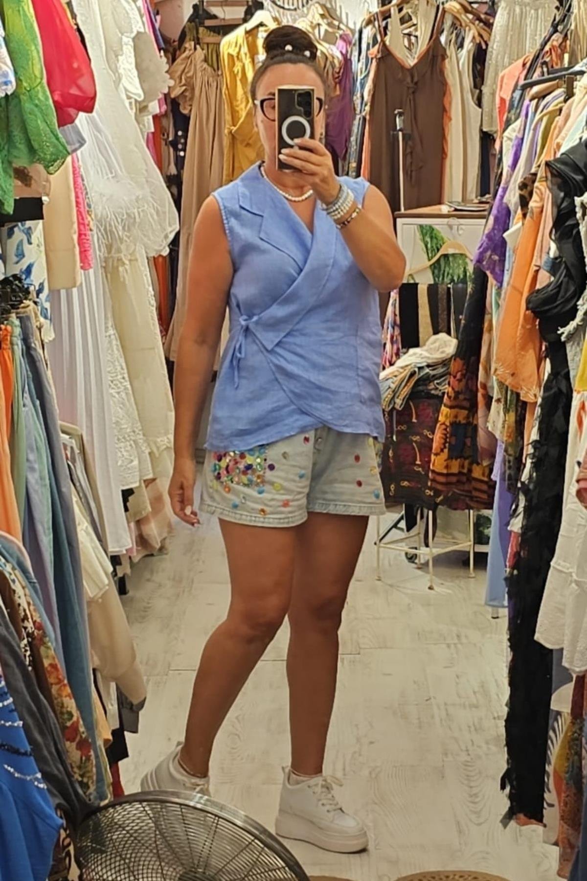 İtalyan Kuruvaze Keten Bluz Mavi