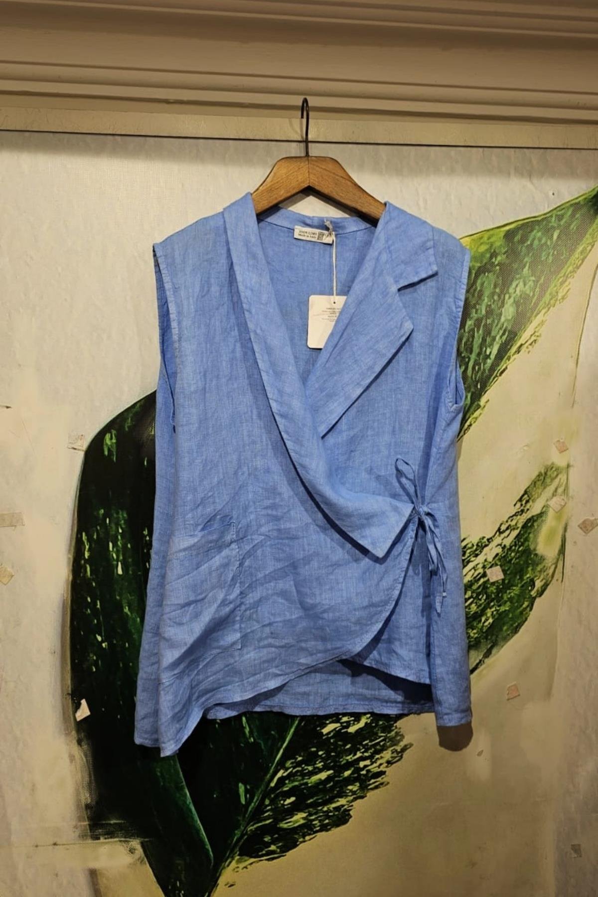 İtalyan Kuruvaze Keten Bluz Mavi